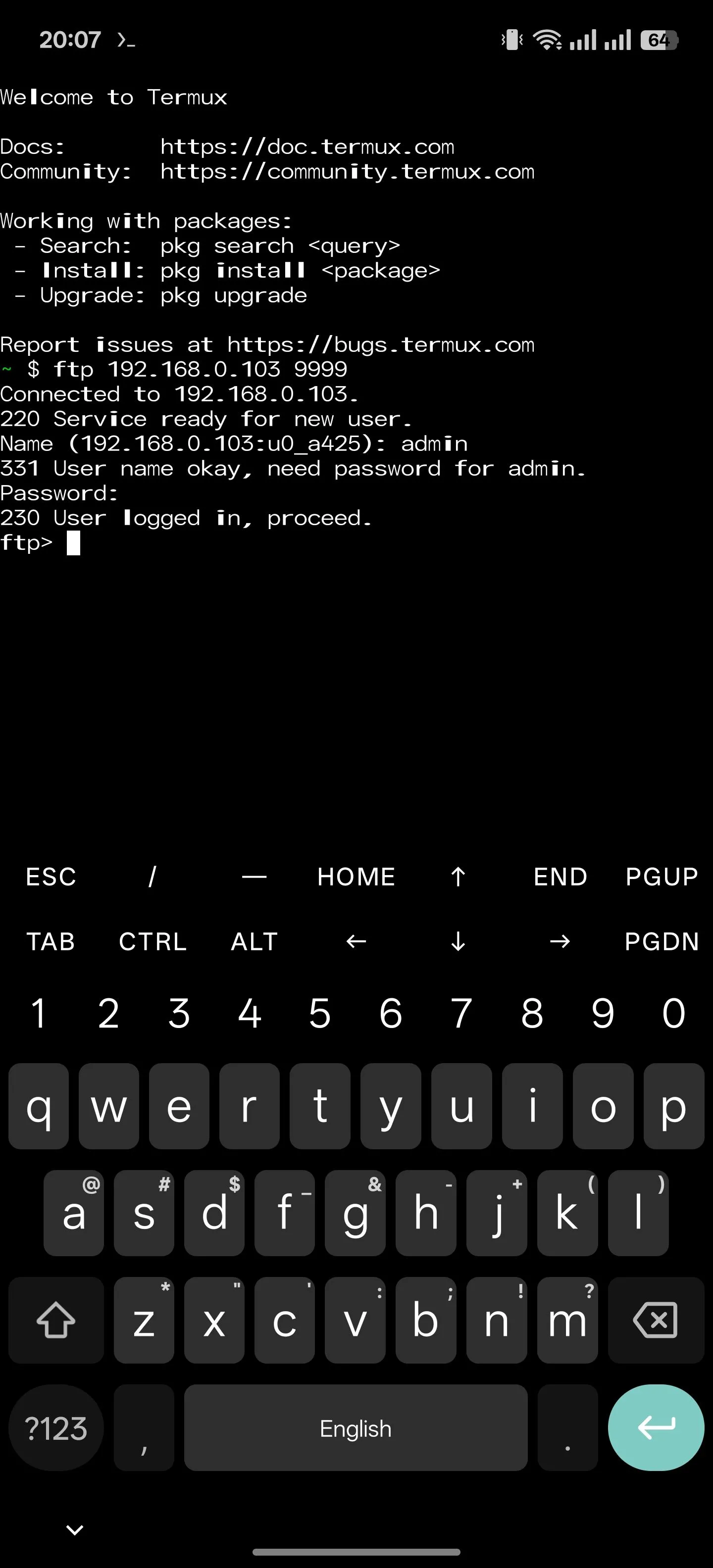 Màn hình ứng dụng Termux trên Android, hiển thị quá trình truy cập các file từ thiết bị khác thông qua giao thức FTP.