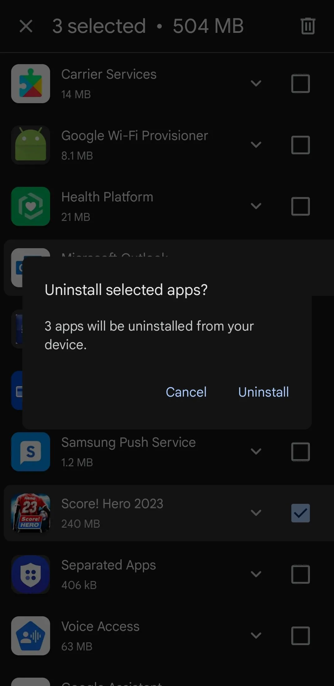 Màn hình xác nhận gỡ cài đặt ứng dụng từ Google Play Store, giúp giải phóng dung lượng và tăng tốc Samsung Galaxy.