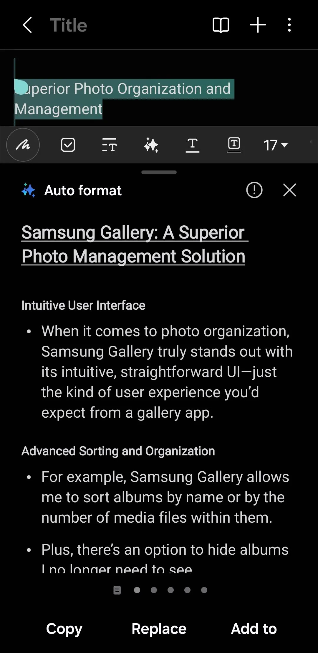 Menu Auto Format của tính năng Note Assist trong ứng dụng Samsung Notes