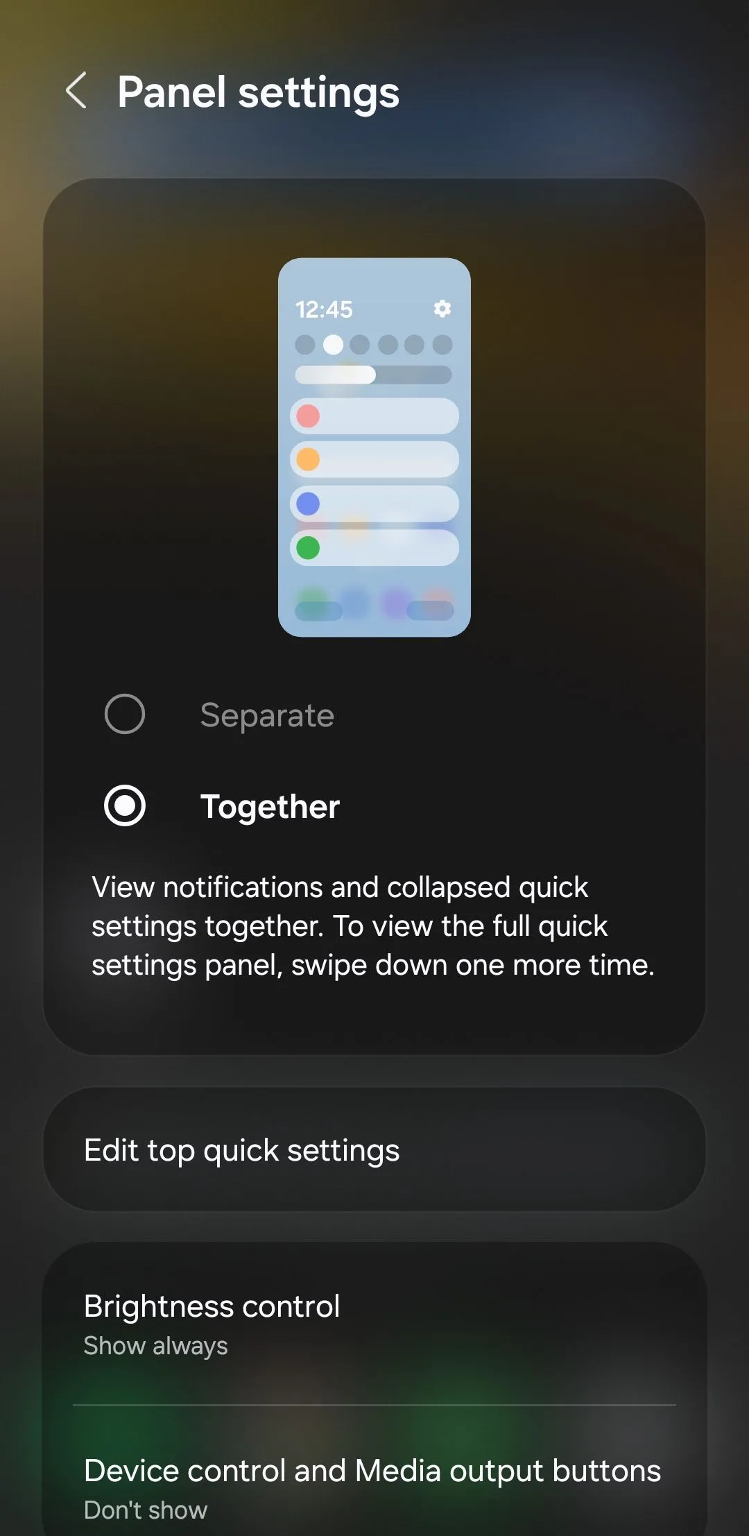 Menu bảng cài đặt nhanh trên điện thoại Samsung hiển thị tùy chọn Panel settings
