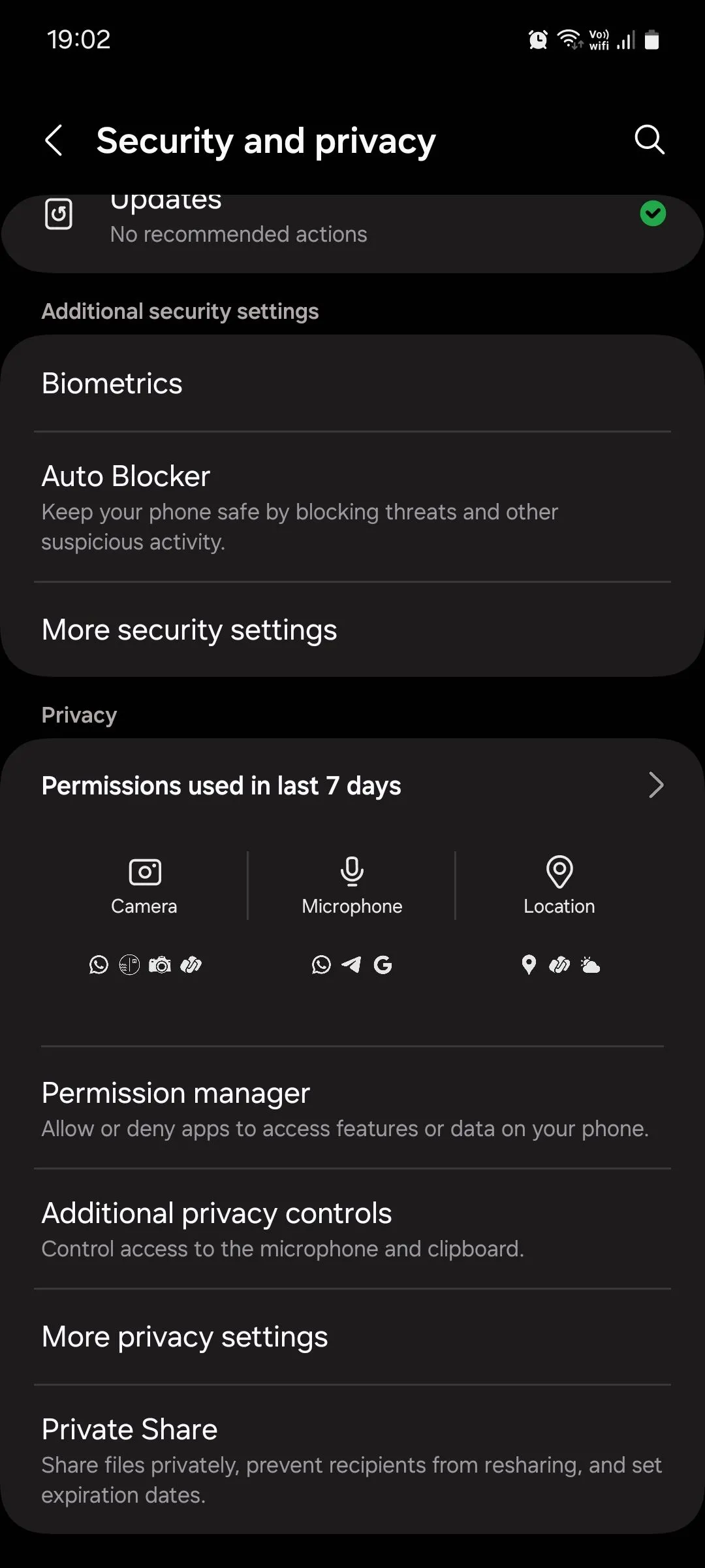 Menu Bảo mật và Quyền riêng tư của Samsung One UI