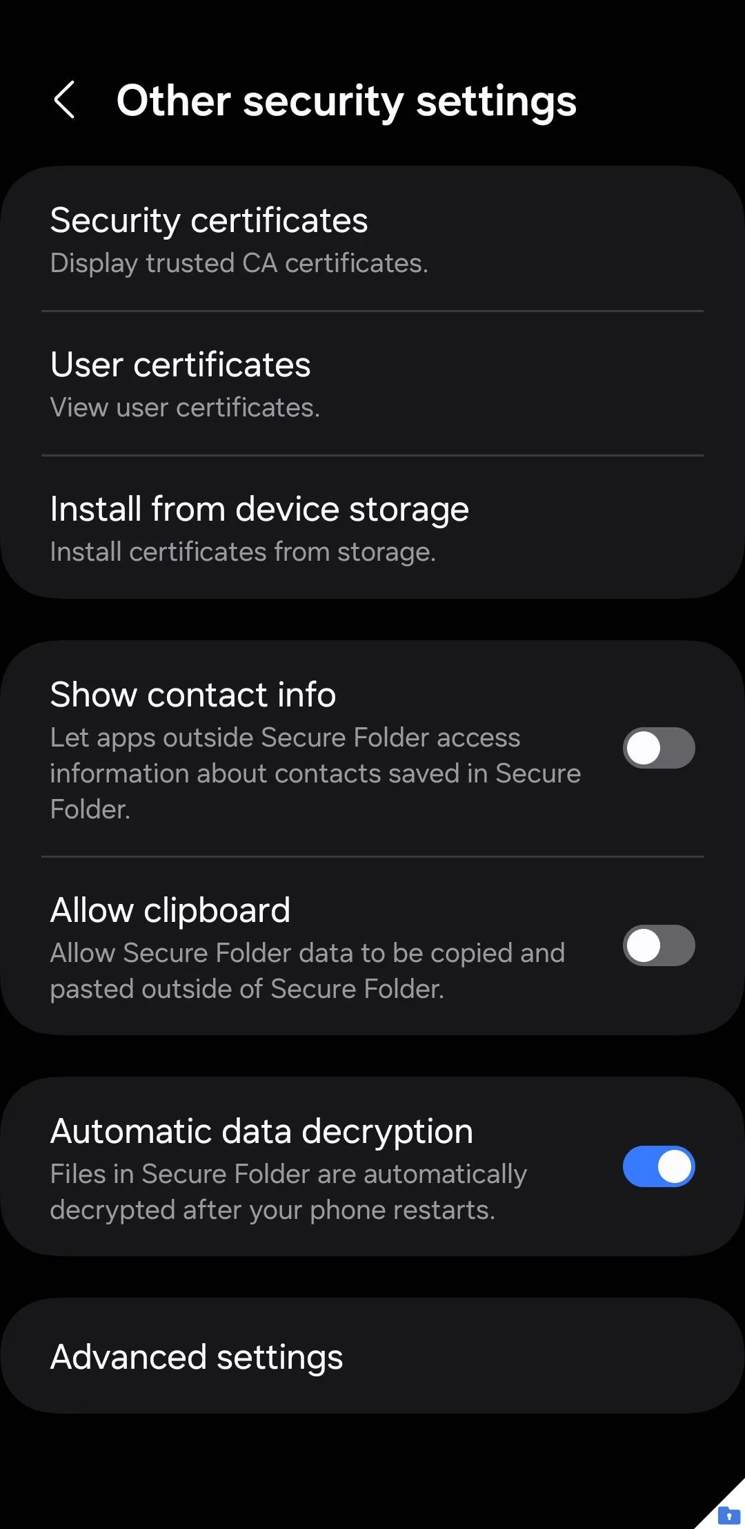 Menu cài đặt bảo mật nâng cao của Thư mục Bảo mật trên điện thoại Samsung