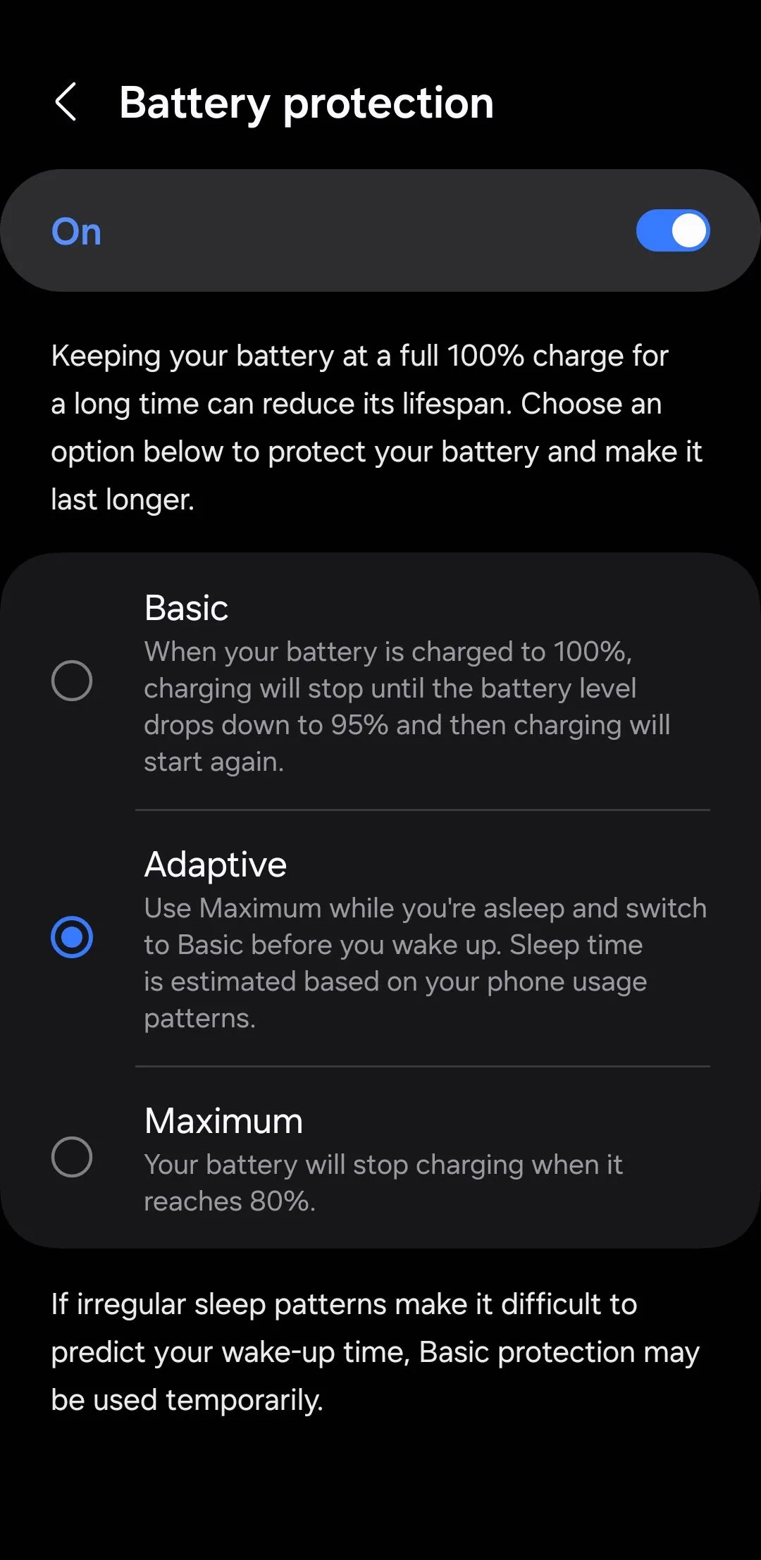 Menu cài đặt bảo vệ pin trên Android hiển thị các tùy chọn để tối ưu hóa tuổi thọ pin