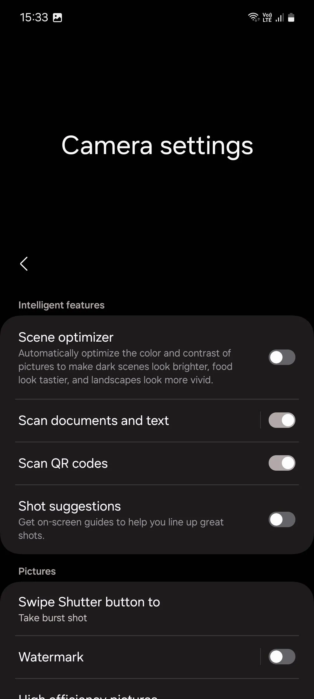 Menu cài đặt camera trên điện thoại Samsung