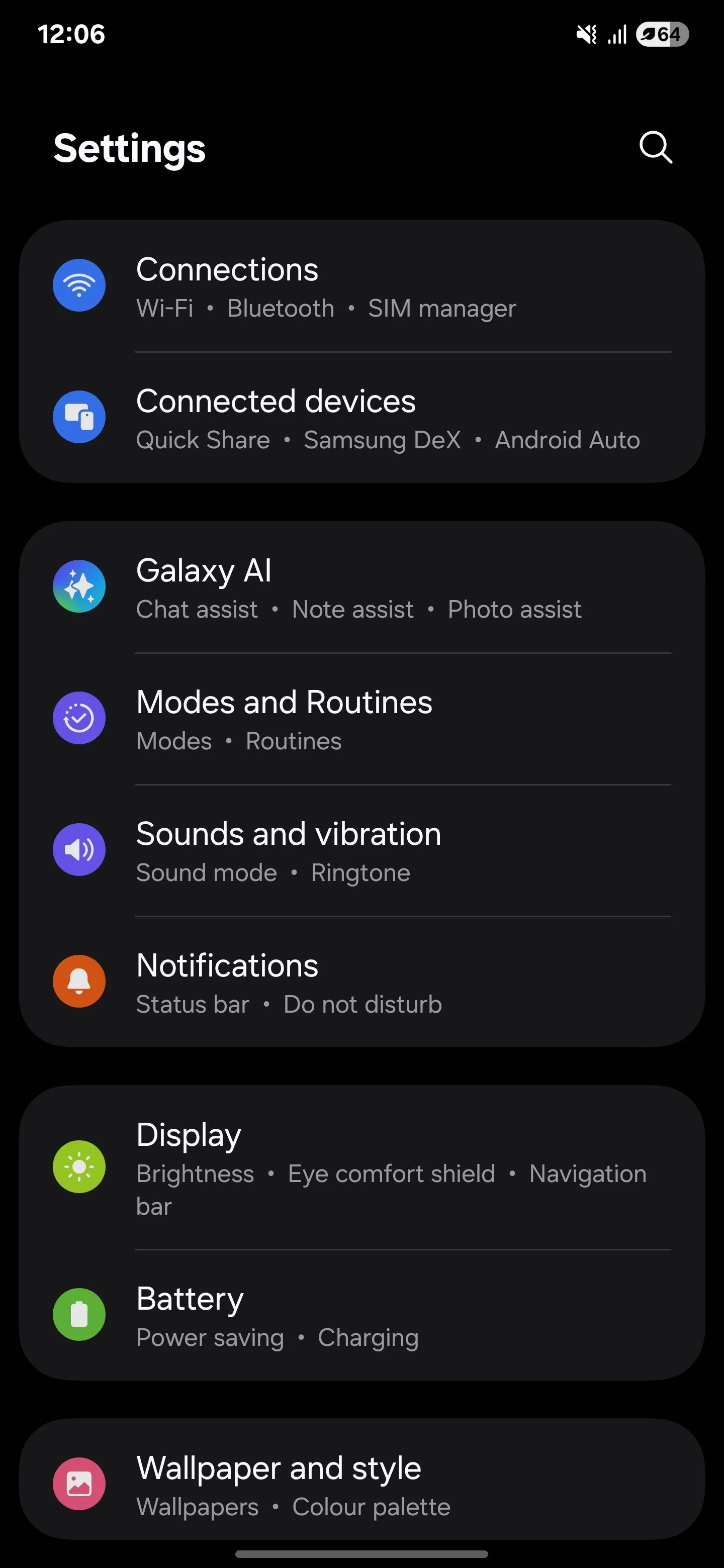 Menu cài đặt của điện thoại Samsung Galaxy S25 Ultra