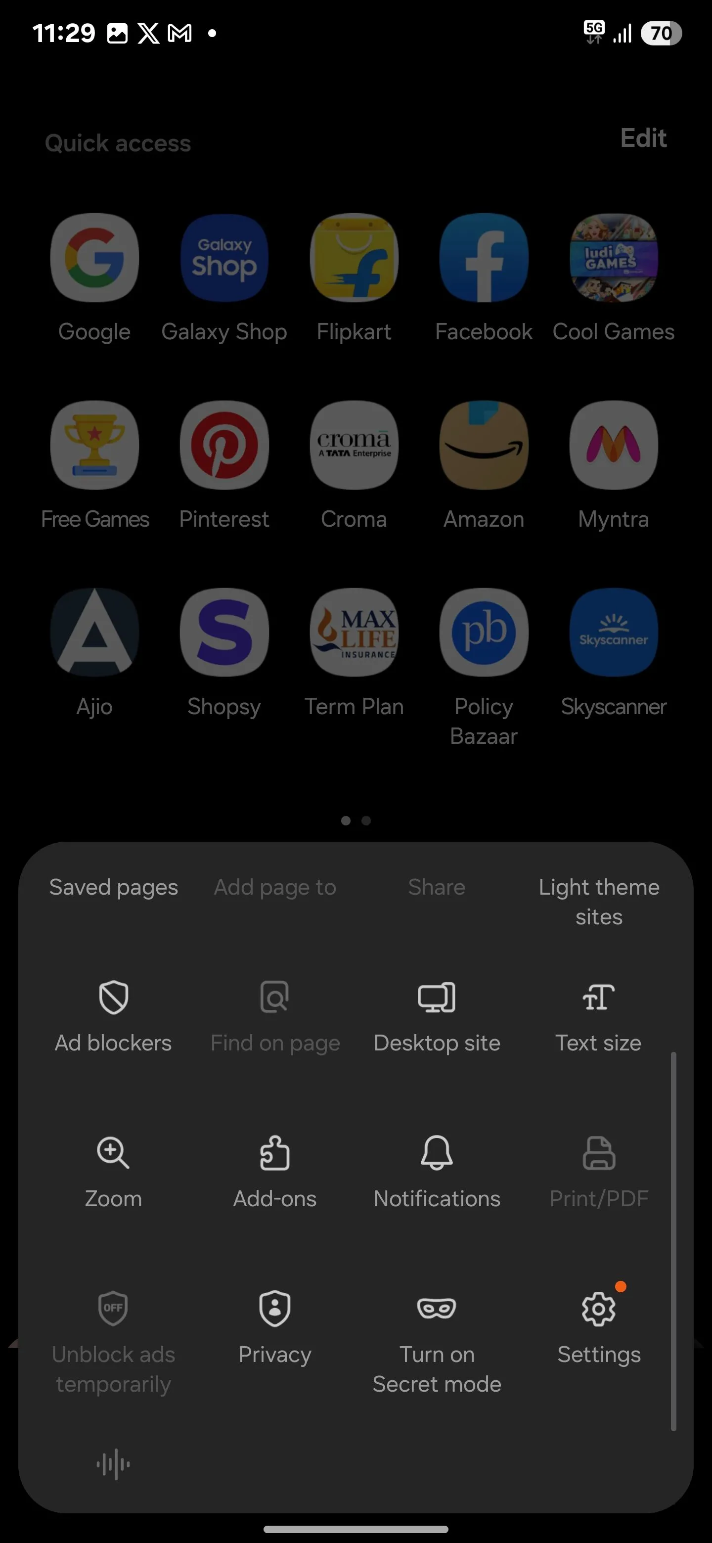 Menu cài đặt của ứng dụng Samsung Internet, cho thấy các tùy chọn chính để cấu hình trình duyệt trên điện thoại Samsung.