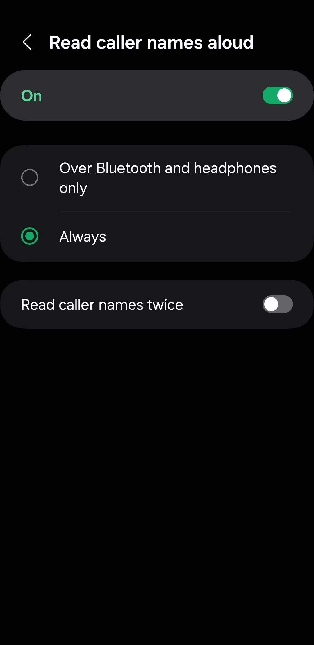 Menu cài đặt đọc tên người gọi đến (Read caller names aloud) trên điện thoại Android