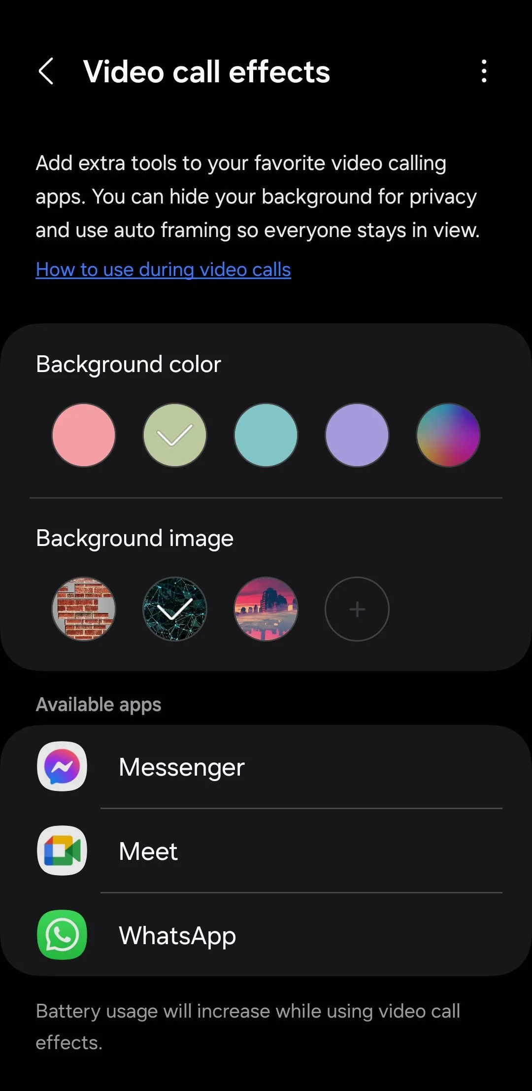 Menu cài đặt Hiệu ứng cuộc gọi video trên One UI của Samsung, cho phép thay đổi hình nền hoặc làm mờ phông nền cuộc gọi