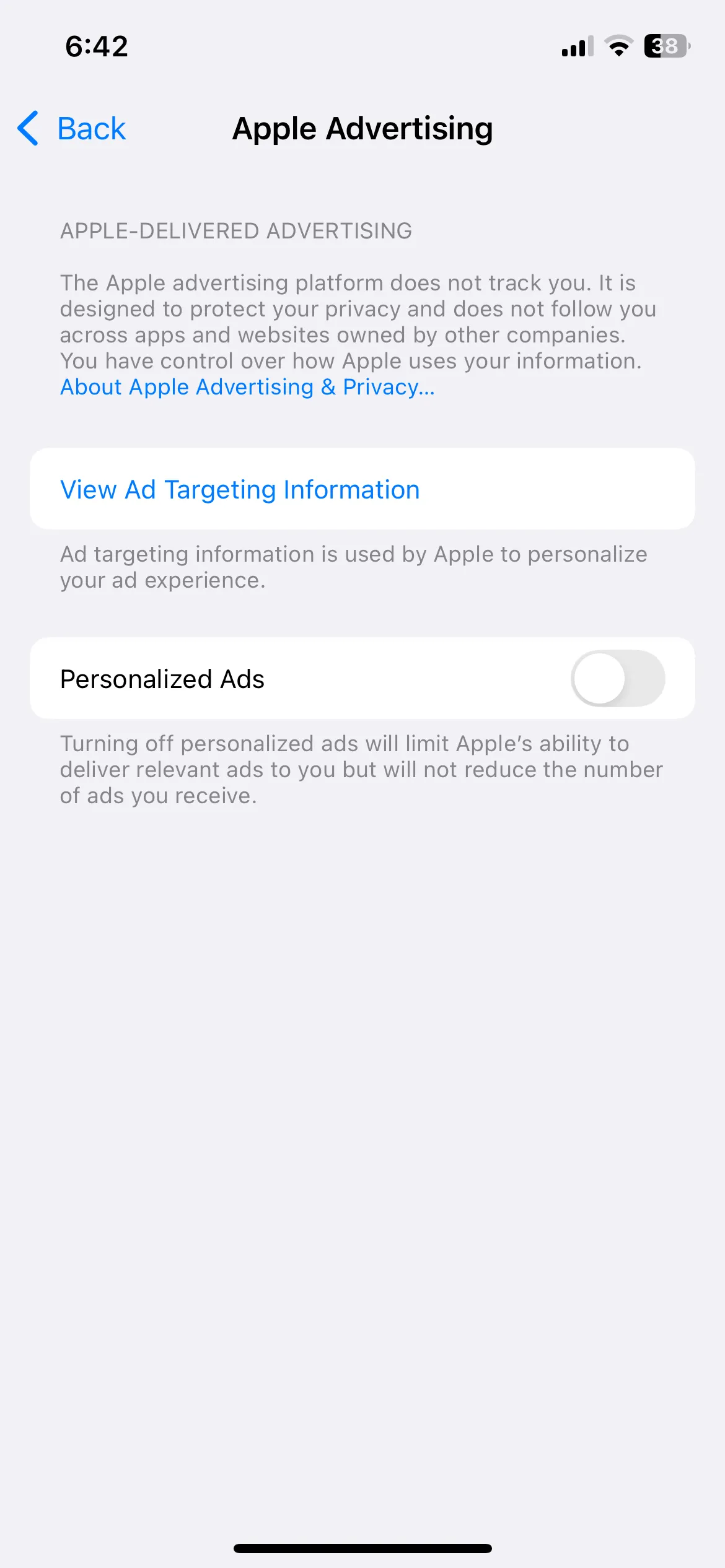 Menu cài đặt quảng cáo và quyền riêng tư trên iPhone