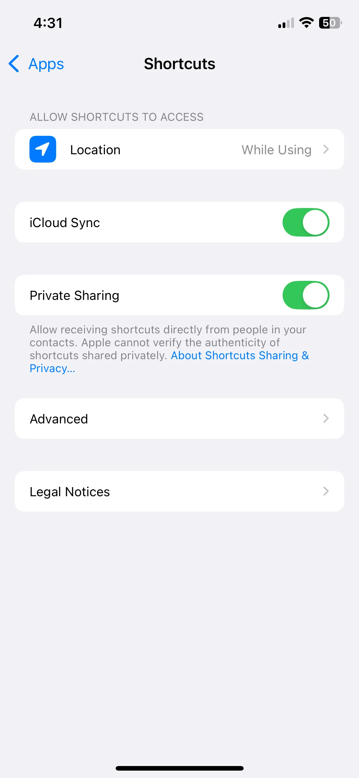 Menu cài đặt ứng dụng Phím tắt (Shortcuts) trên iPhone để bật quyền xóa dữ liệu lớn