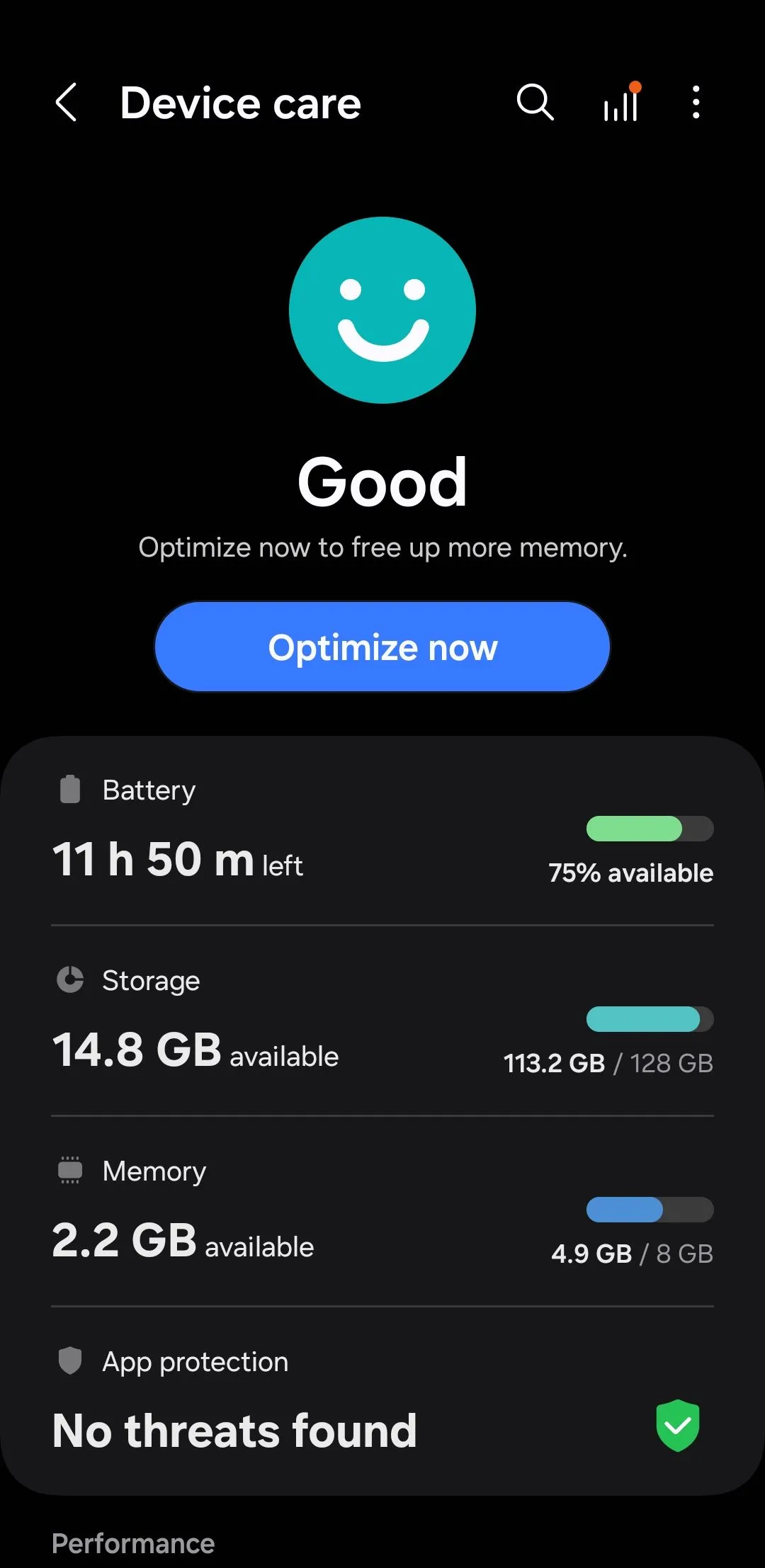 Menu &quot;Chăm sóc thiết bị&quot; để truy cập cài đặt RAM Plus trên Samsung Galaxy.