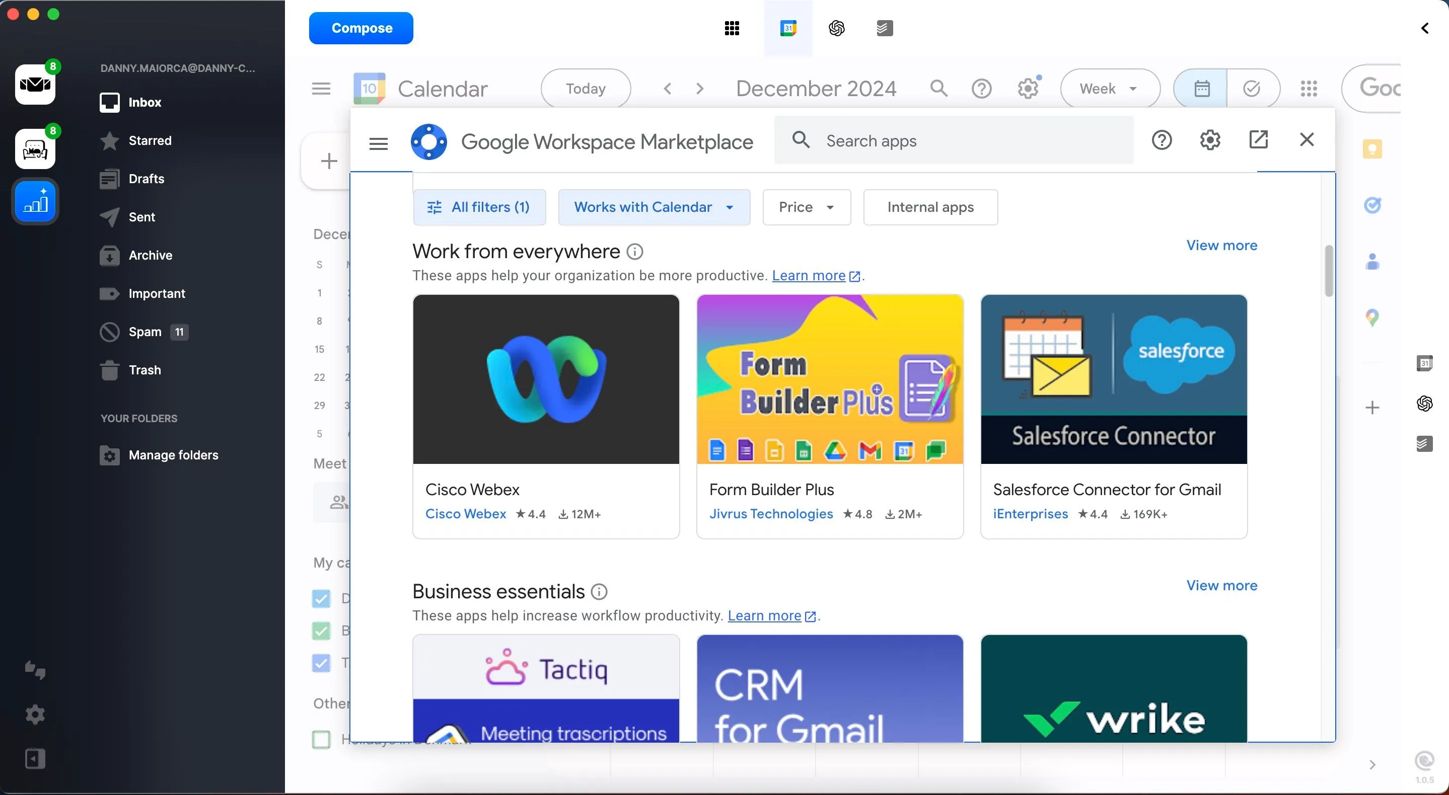 Menu chọn các tiện ích bổ sung cho Google Calendar trong ứng dụng Mailbird, bao gồm Keep, Tasks và Maps