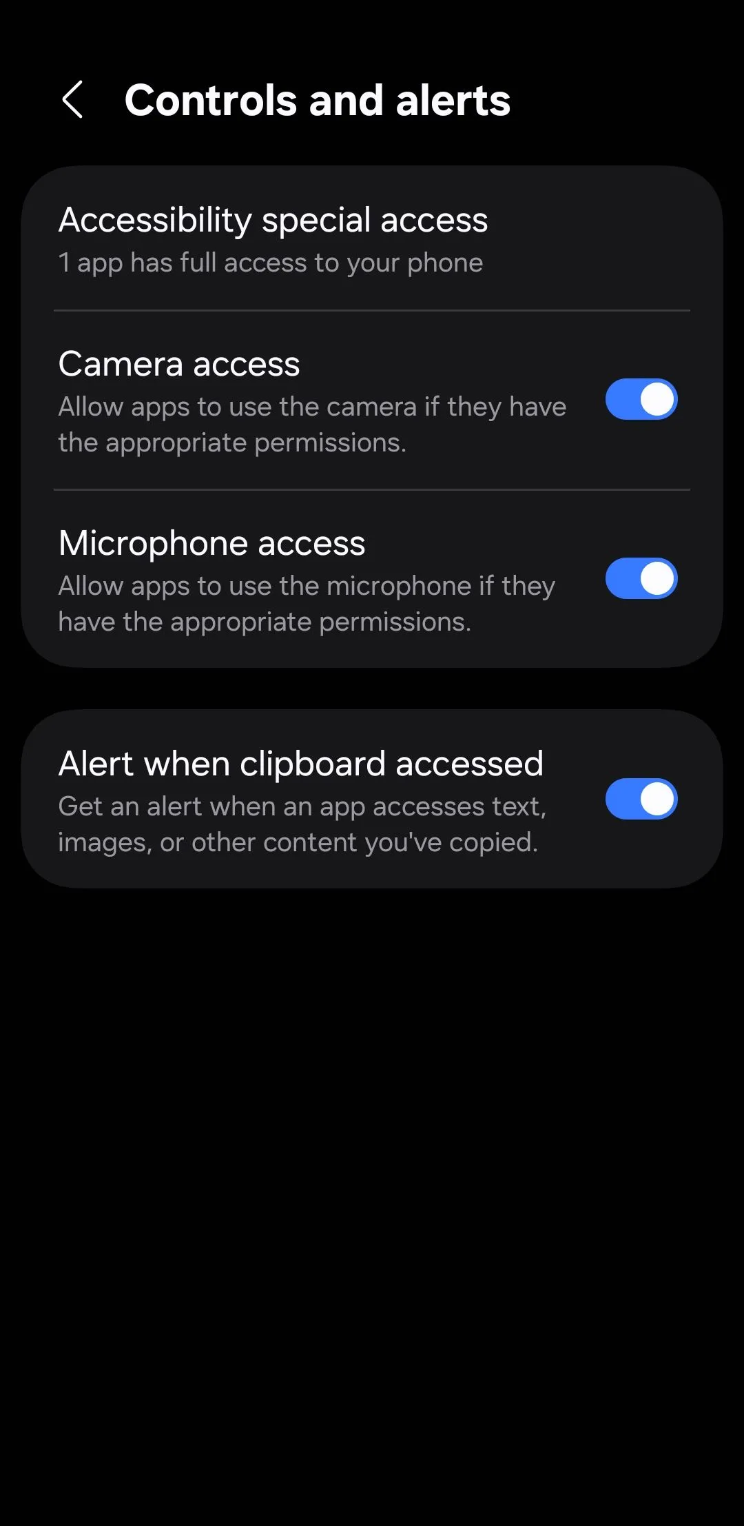 Menu điều khiển và cảnh báo trên Android để bật cảnh báo truy cập clipboard