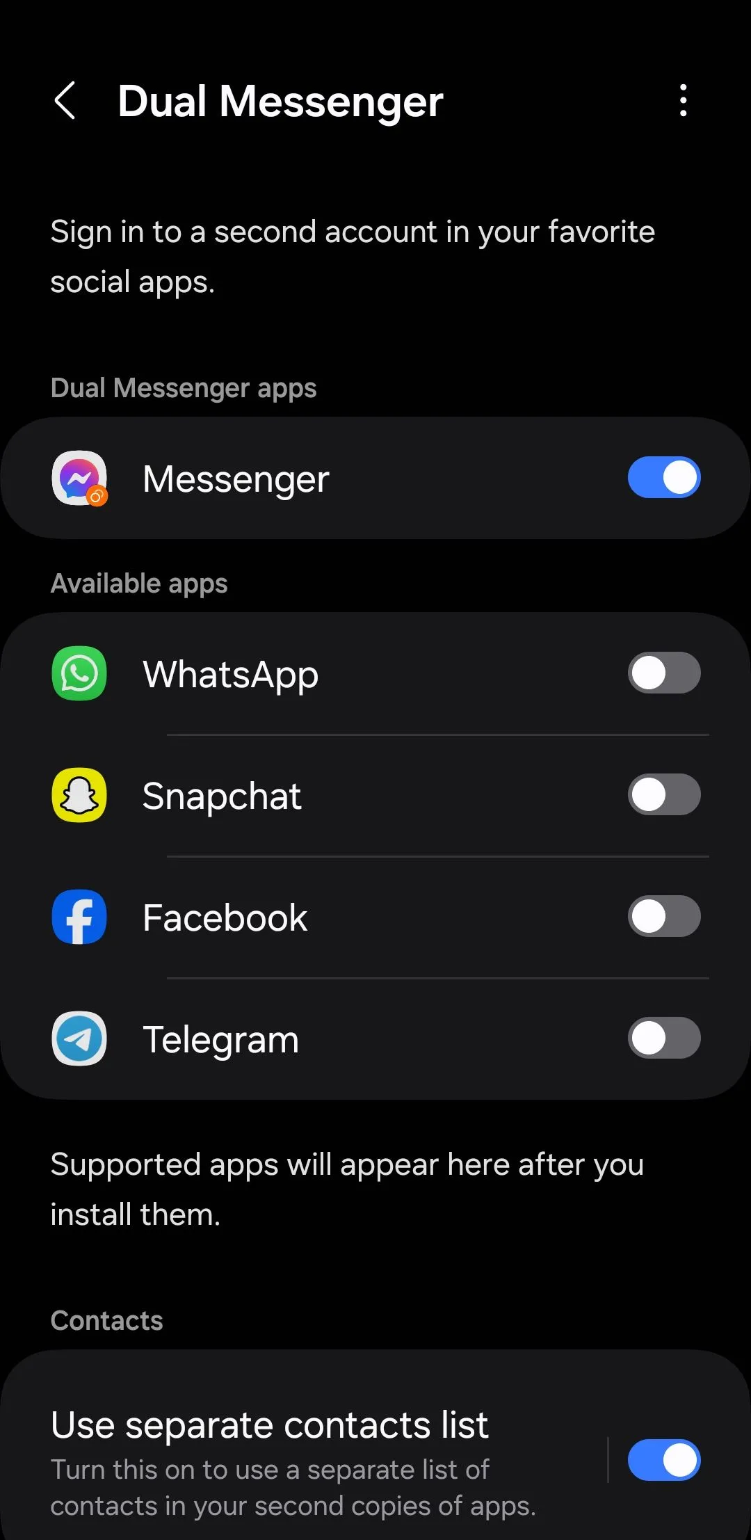 Menu Dual Messenger trên điện thoại Samsung Galaxy cho phép nhân bản ứng dụng nhắn tin như WhatsApp hoặc Messenger