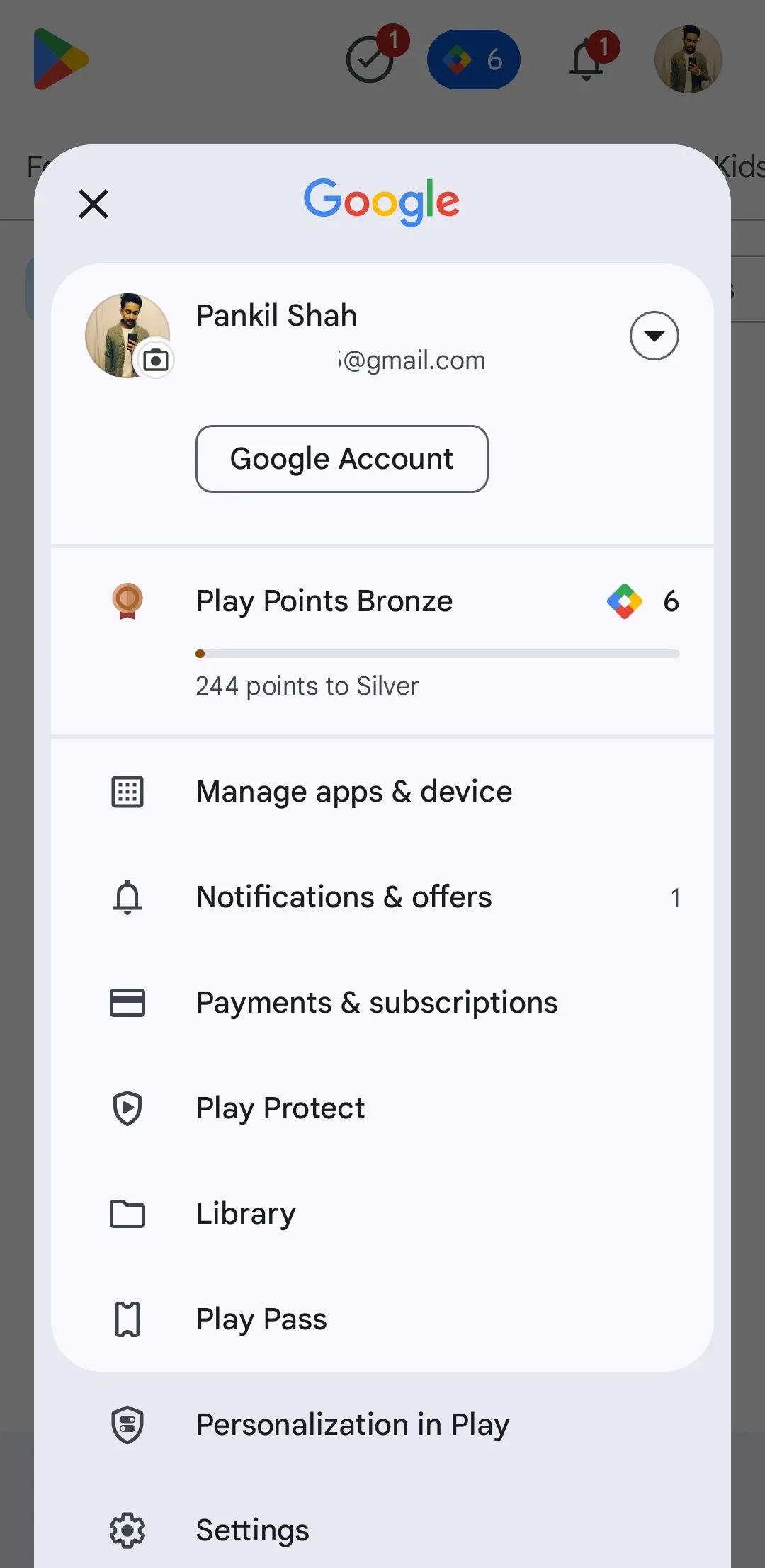 Menu Google Play Store trên điện thoại Android, truy cập cài đặt