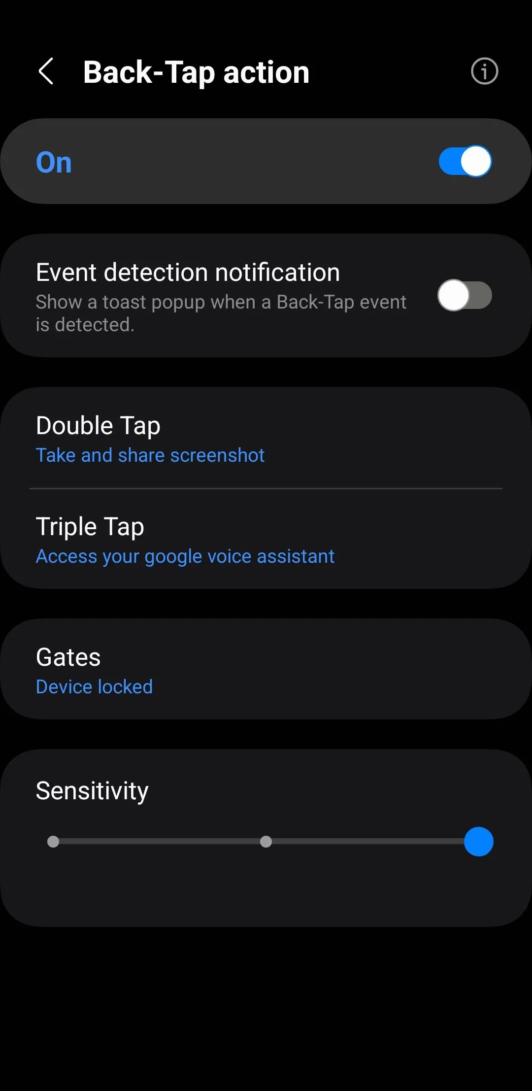 Menu hành động chạm mặt lưng trên điện thoại Samsung