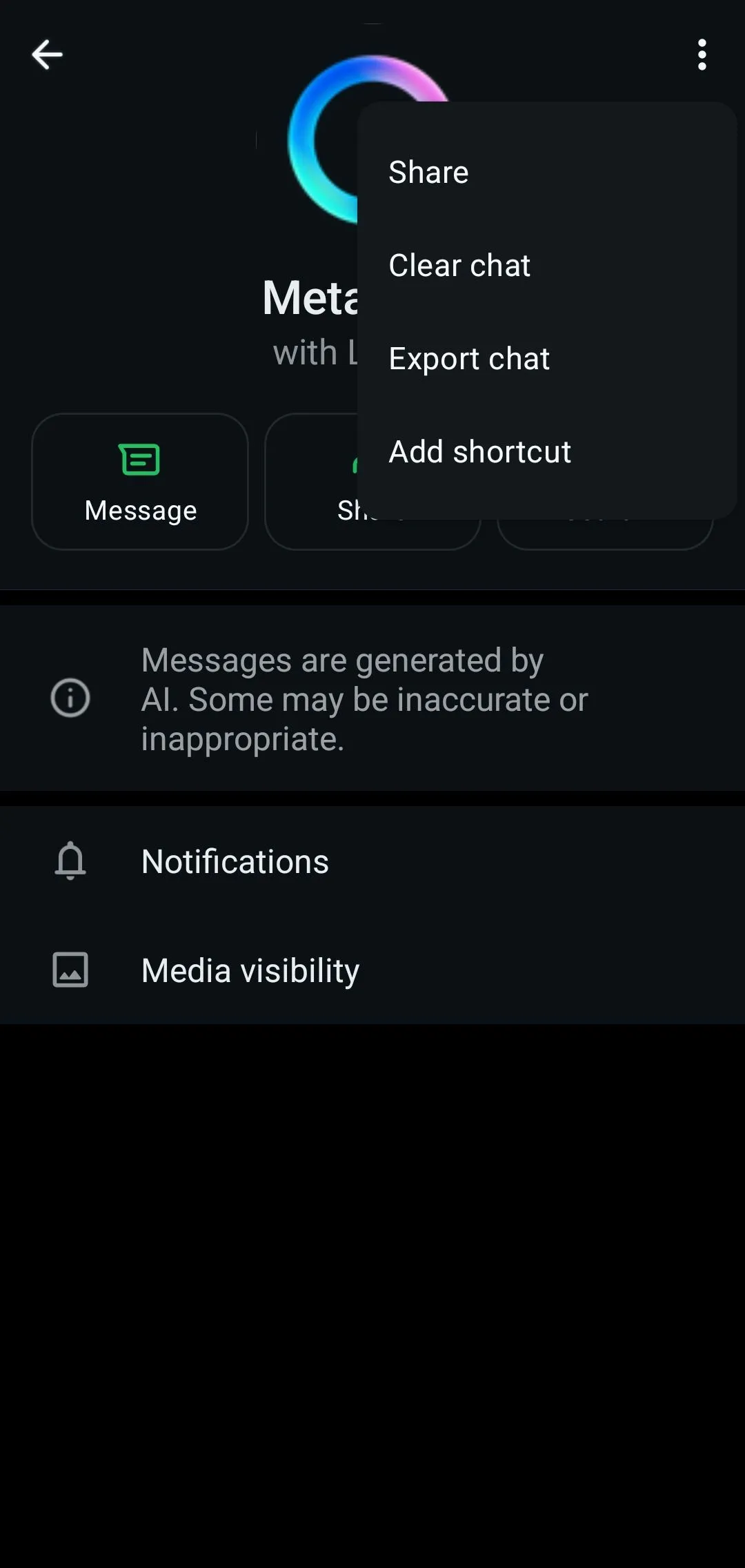 Menu hồ sơ Meta AI trong ứng dụng WhatsApp cho thấy thiếu tùy chọn tắt
