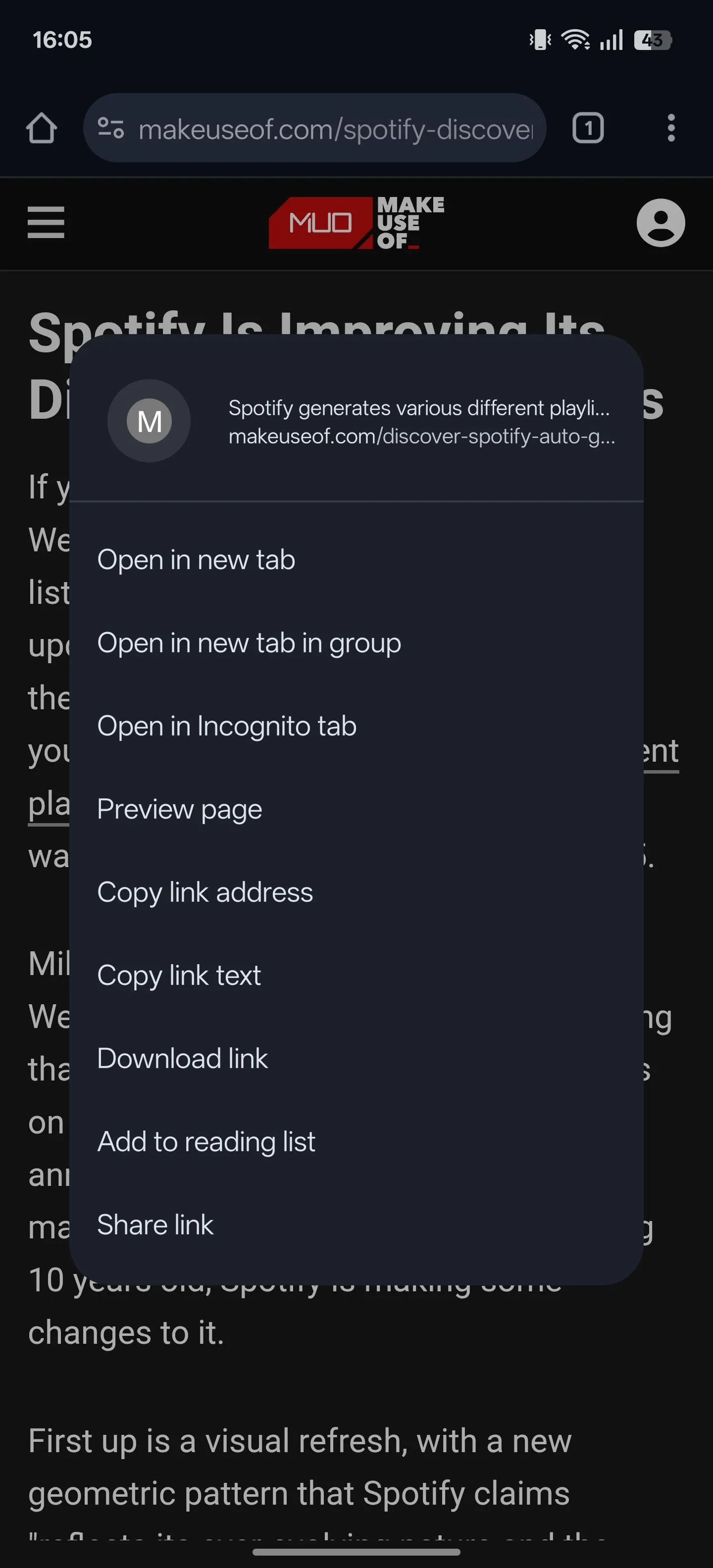 Menu ngữ cảnh hiển thị tùy chọn &quot;Xem trước trang&quot; khi nhấn giữ vào một liên kết trong Chrome Android.