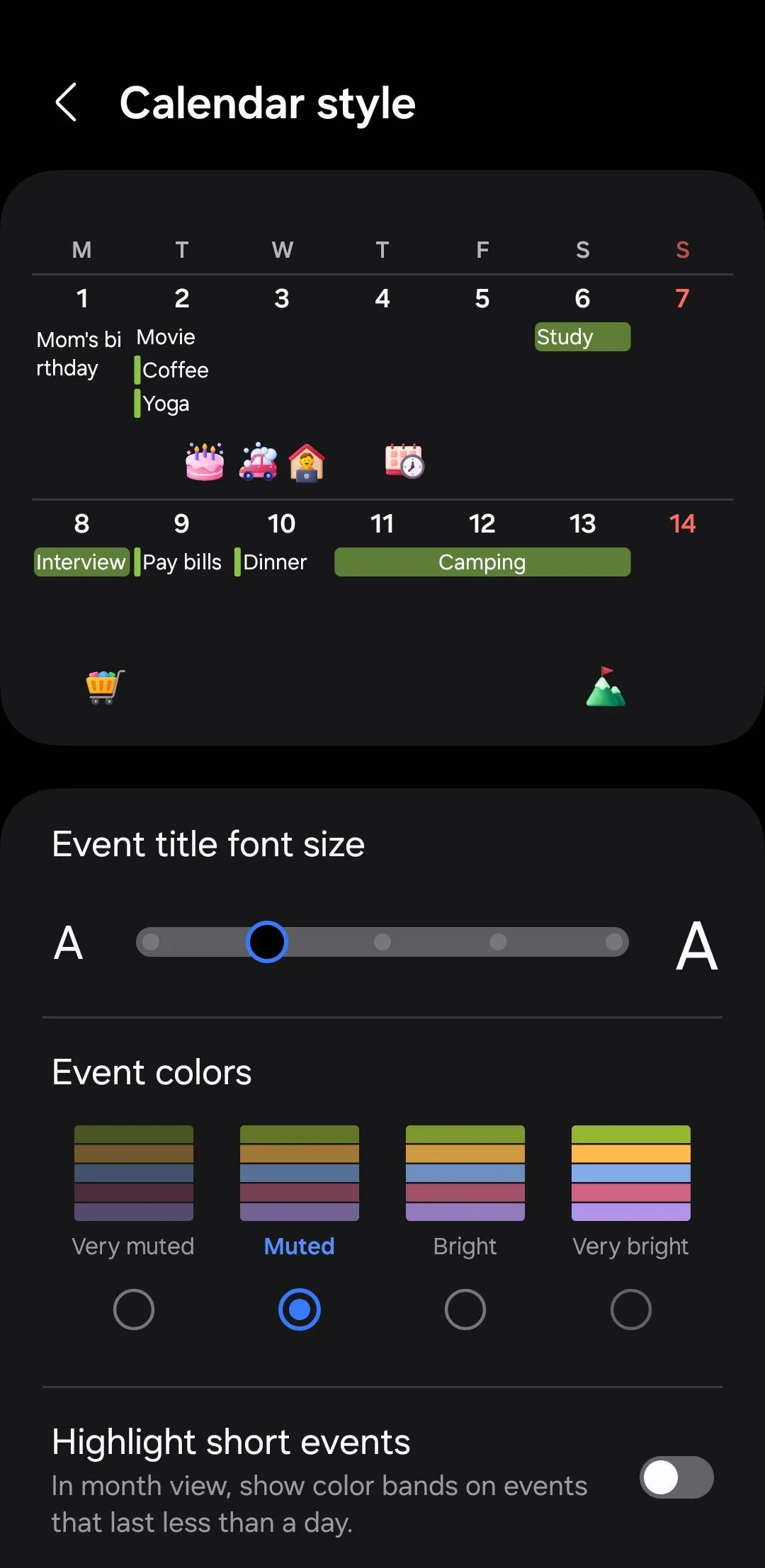 Menu tùy chỉnh phong cách hiển thị lịch trong ứng dụng Lịch Samsung, cho phép cá nhân hóa giao diện
