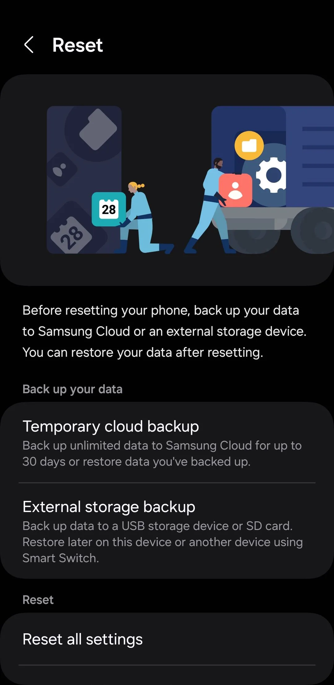 Menu tùy chọn đặt lại trên điện thoại Samsung