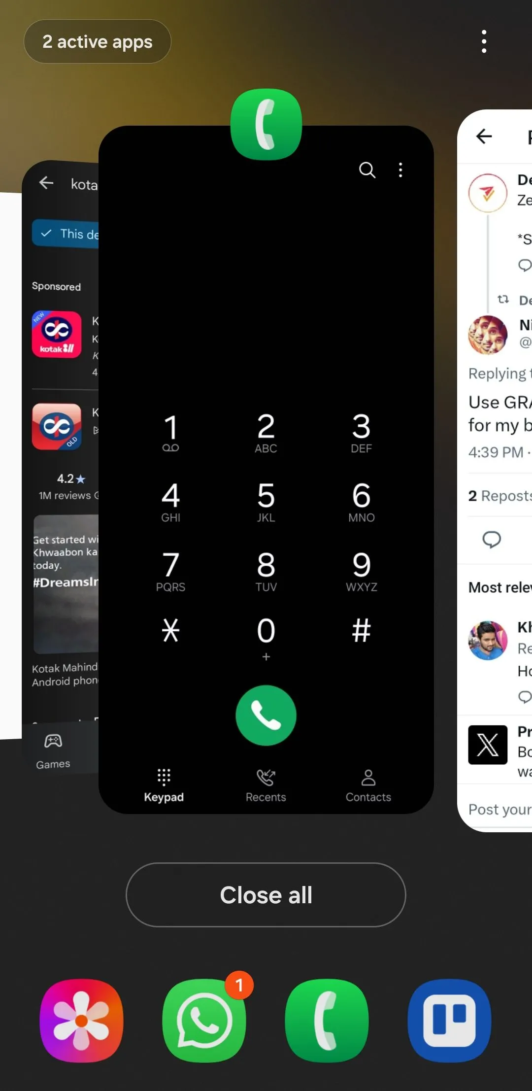 Menu ứng dụng gần đây trên điện thoại Android để chọn ghim ứng dụng