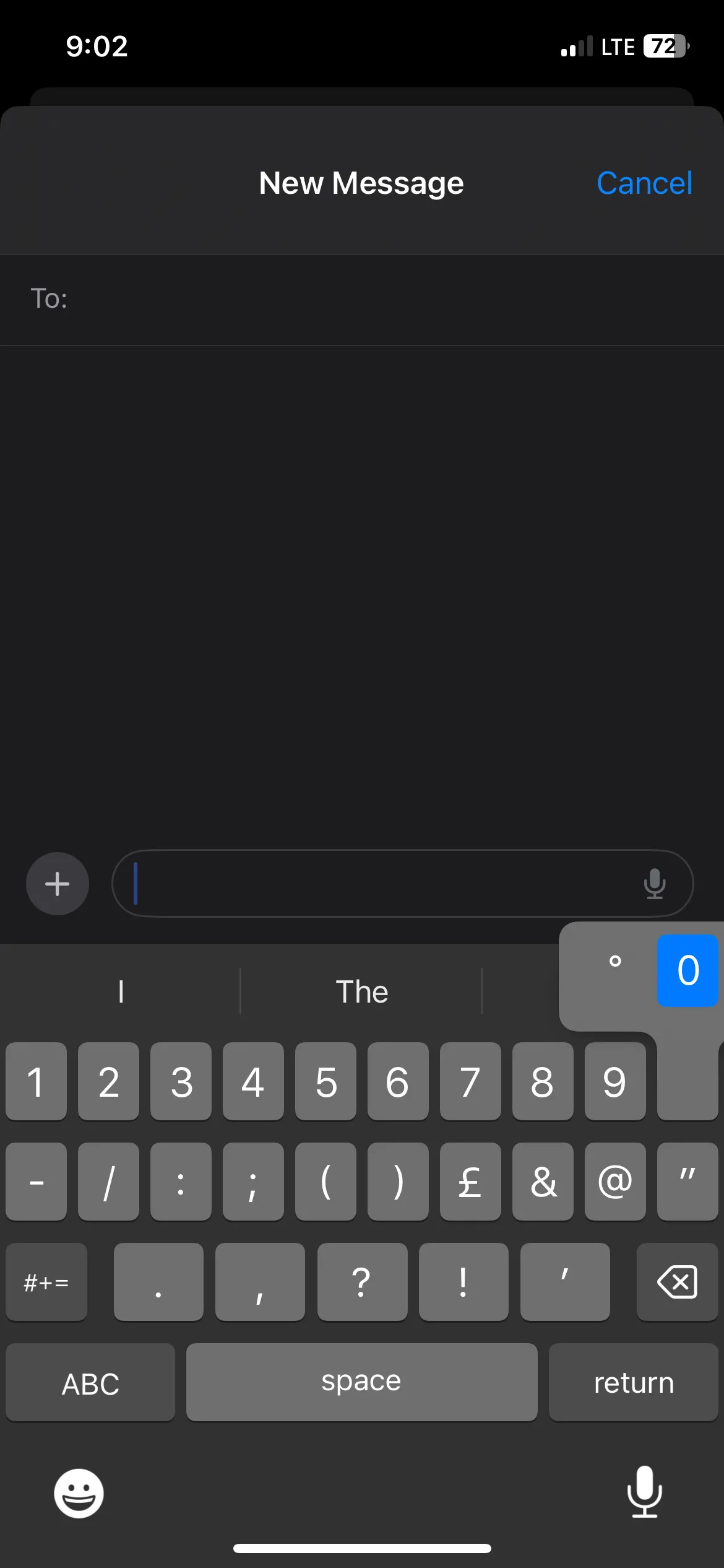Menu xuất hiện khi bạn nhấn giữ phím số 0 trên iPhone.