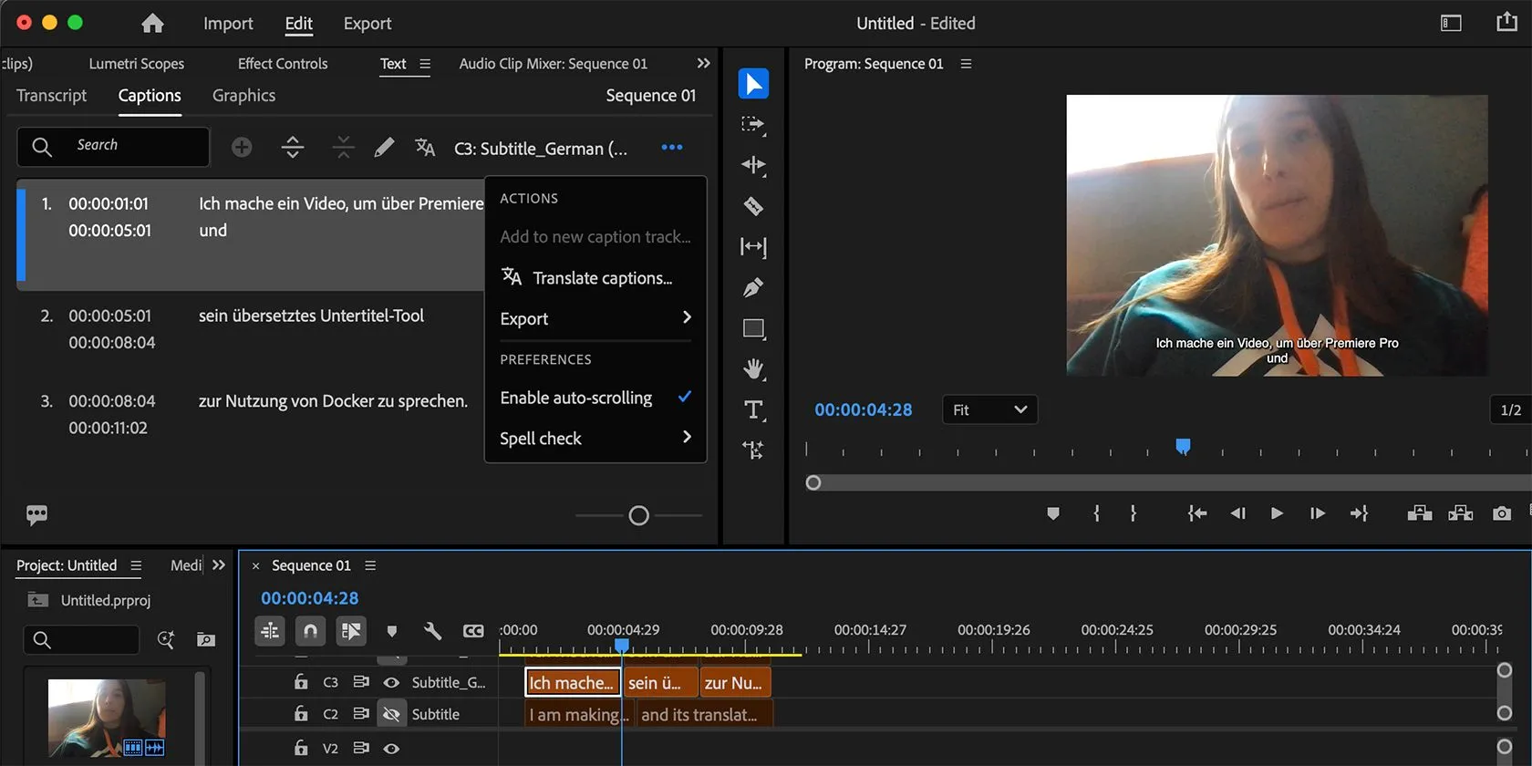 Minh họa tính năng dịch phụ đề tự động bằng AI của Adobe Premiere Pro, hỗ trợ tạo phụ đề đa ngôn ngữ cho video.
