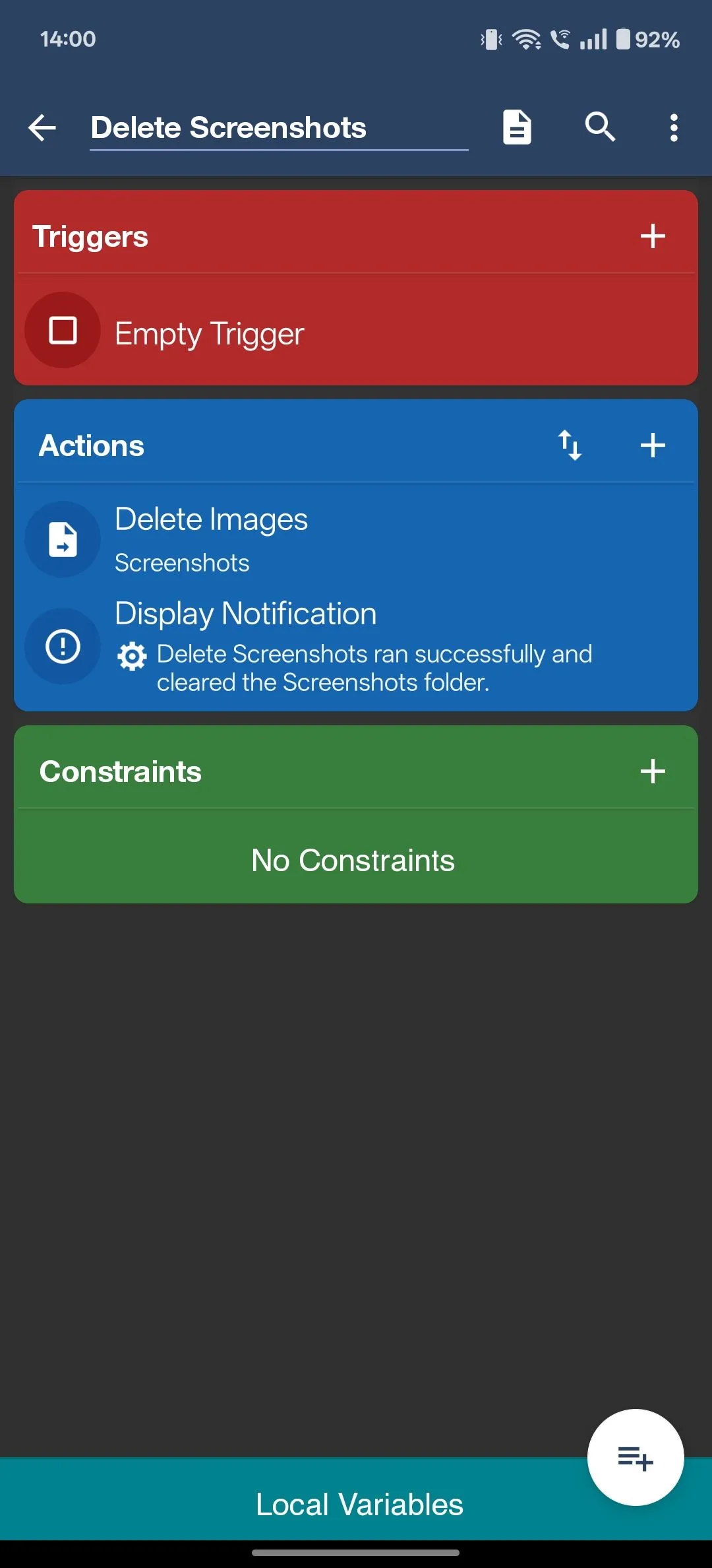 Một macro MacroDroid với hành động Delete Images và Display Notification đã được cấu hình.