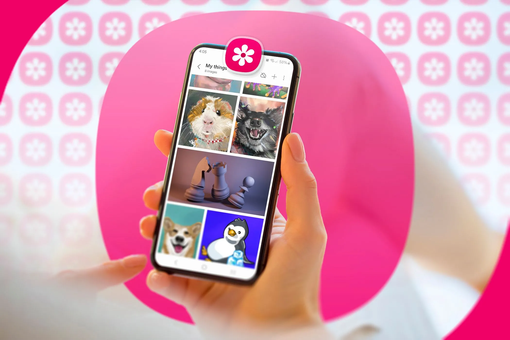 Một người dùng đang cầm điện thoại Samsung với ứng dụng Gallery mở trên màn hình.