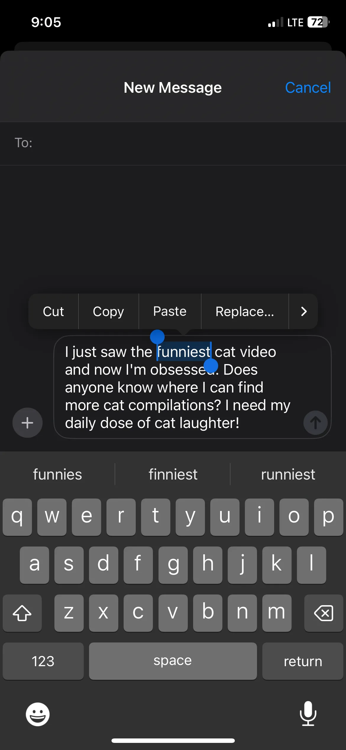 Một từ duy nhất được chọn trên bàn phím iPhone.