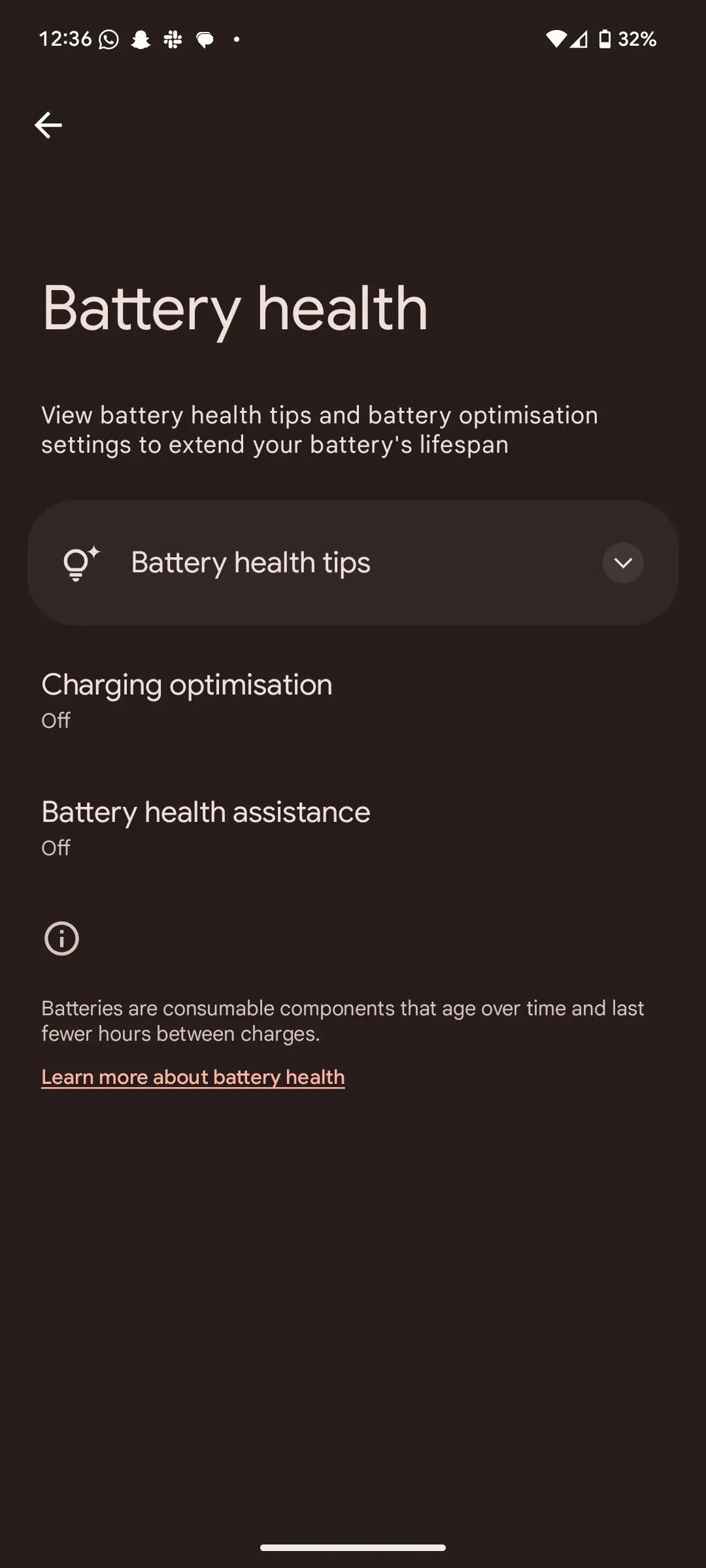 Mục cài đặt Sức khỏe pin trên Android 16, hiển thị trạng thái pin