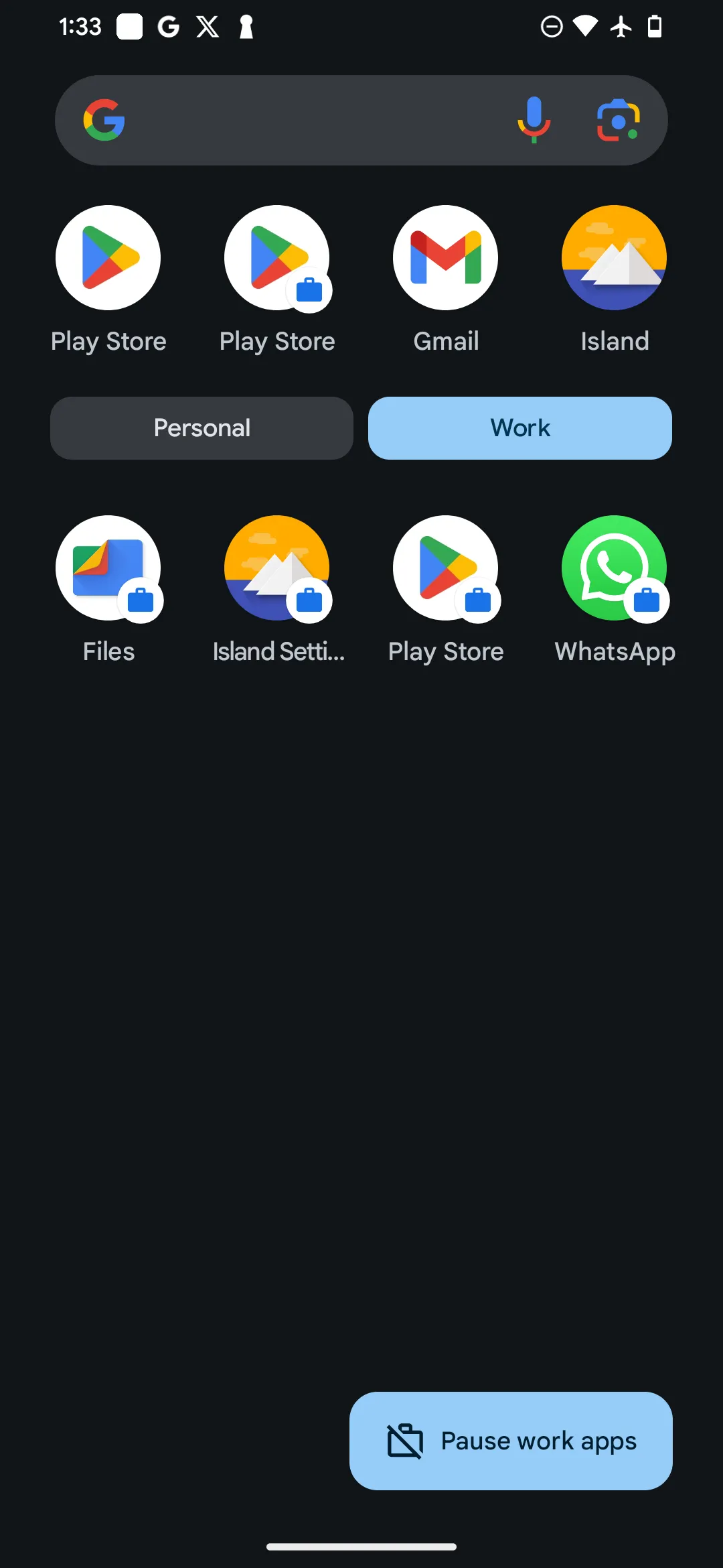 Ngăn kéo ứng dụng Android hiển thị phần &quot;Công việc&quot; mới được tạo bởi Island với các ứng dụng đã sao chép.