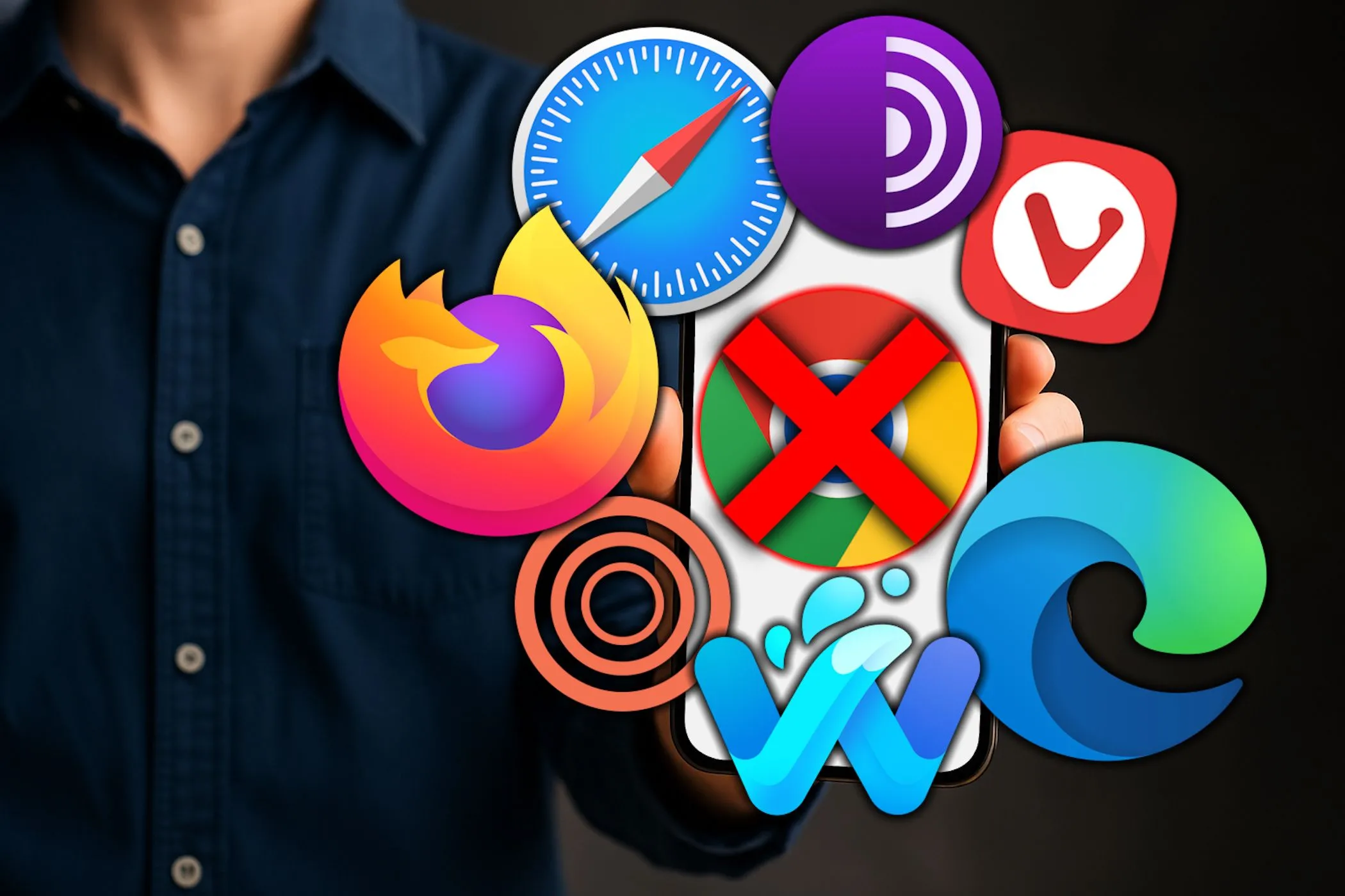 Người đàn ông cầm điện thoại với logo Chrome bị gạch chéo và các logo trình duyệt khác
