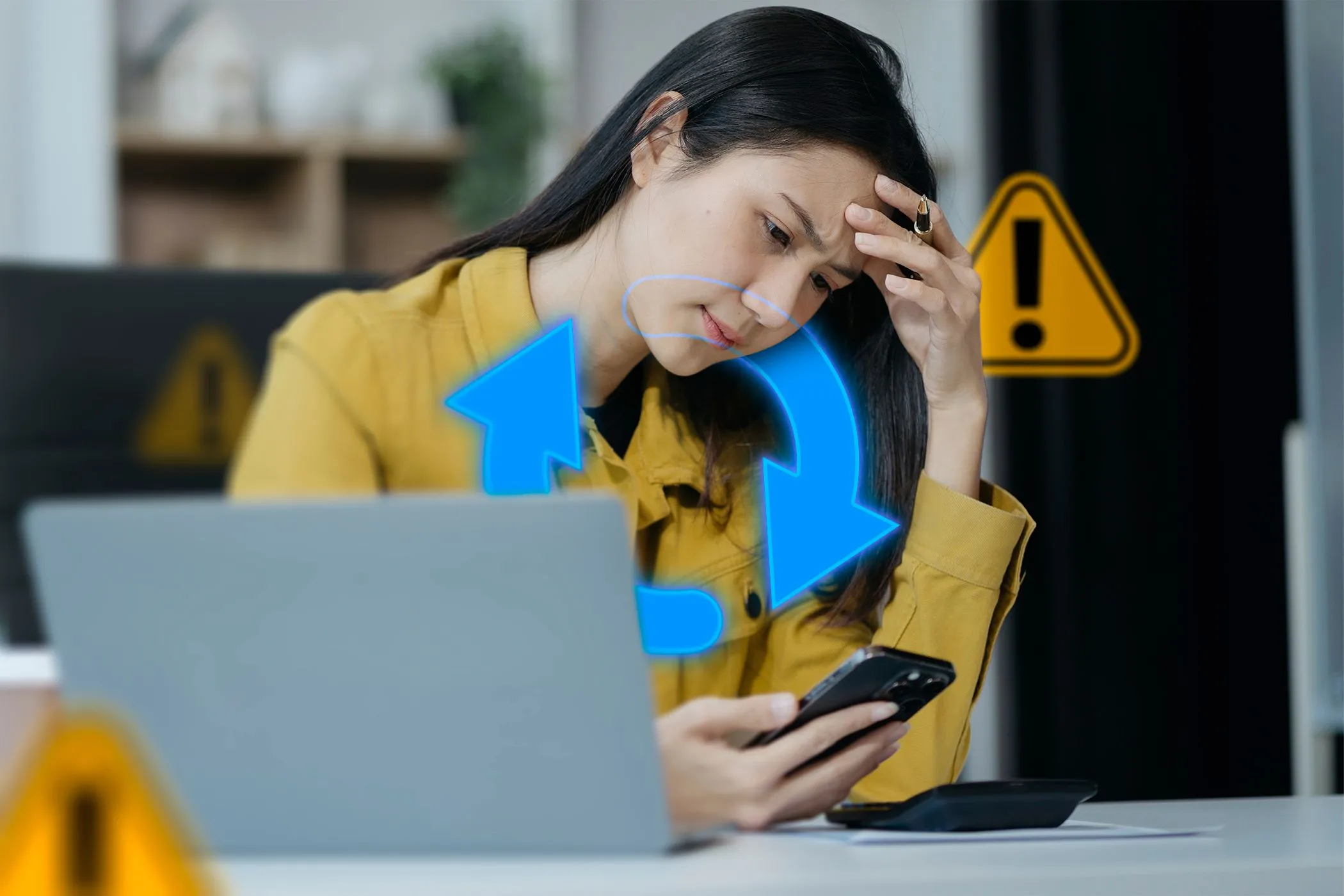 Người phụ nữ lo lắng nhìn điện thoại khi máy tính xách tay hiển thị biểu tượng đồng bộ, minh họa rủi ro khi chỉ dựa vào đồng bộ hóa dữ liệu.