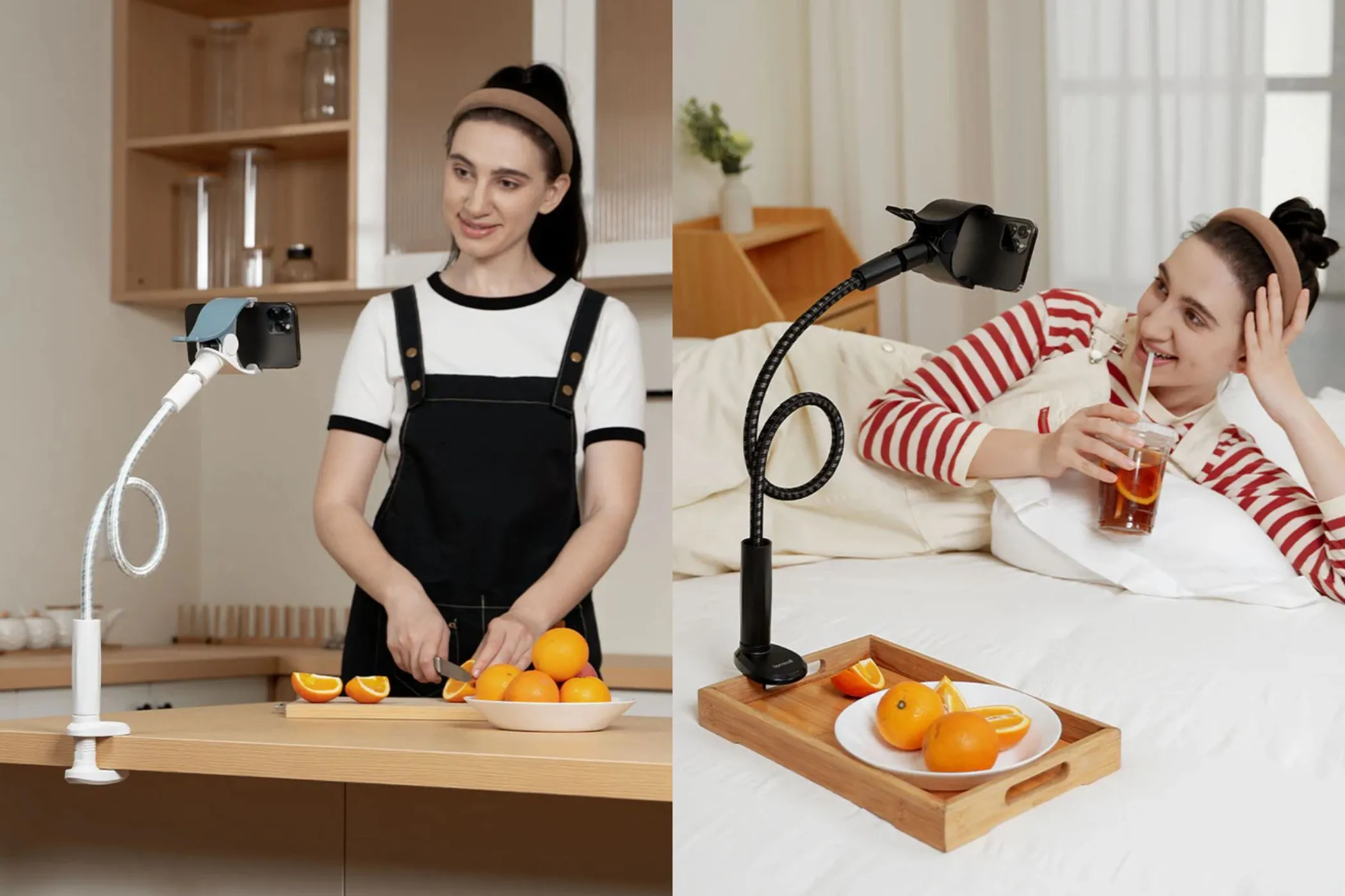 Người phụ nữ sử dụng giá đỡ điện thoại cổ ngỗng Lamicall để xem video trong khi nấu ăn và thư giãn, minh họa sự tiện lợi đa năng.