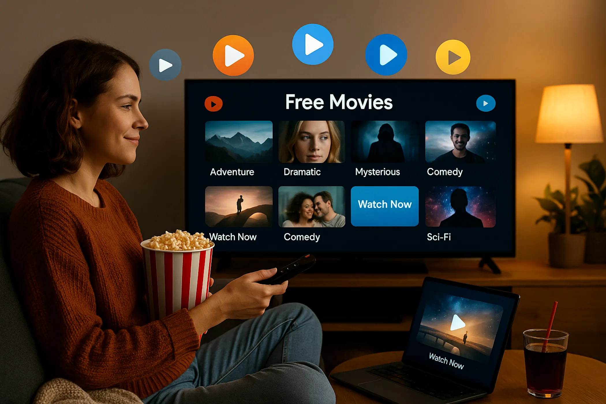 Người phụ nữ xem dịch vụ streaming miễn phí trên TV và laptop