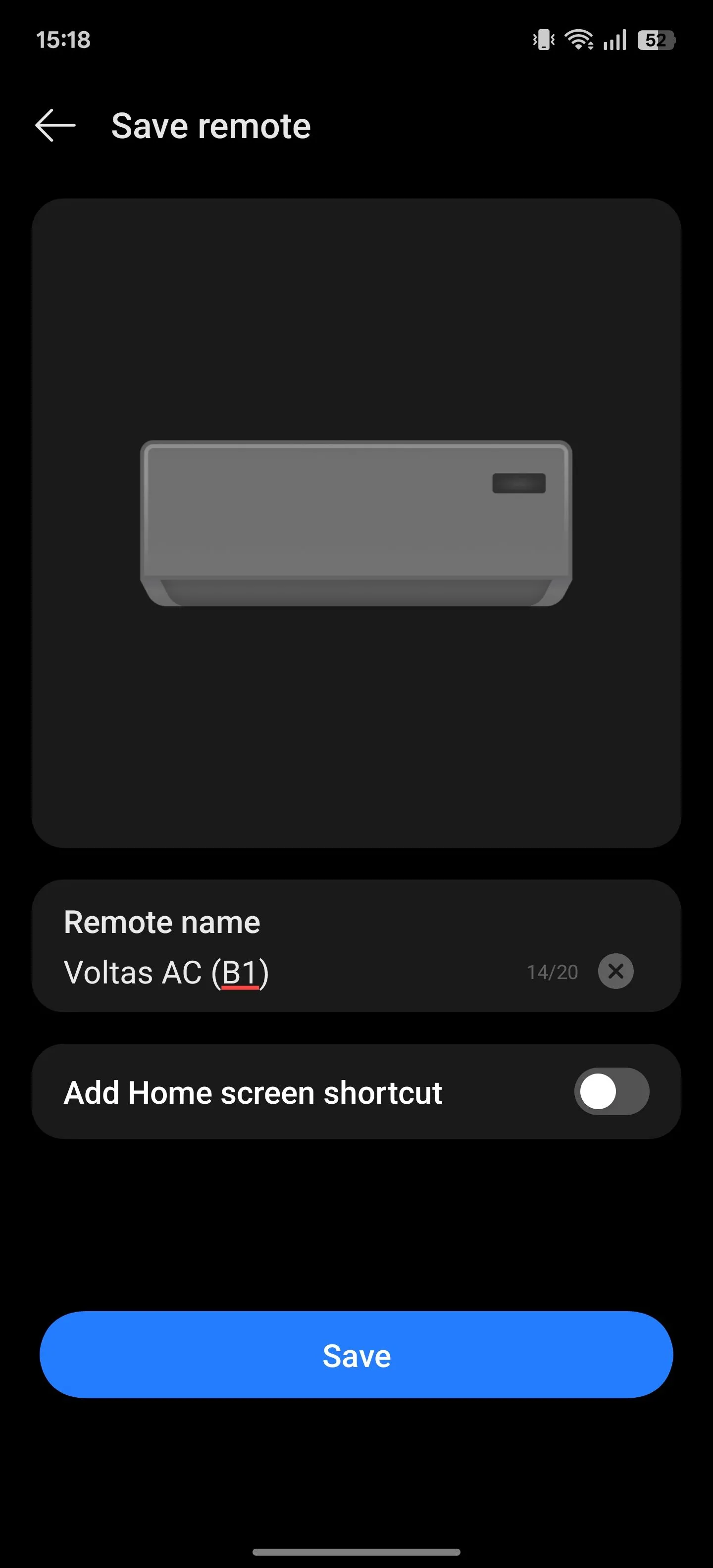 Nhập tên và tùy chọn phím tắt cho bộ điều khiển từ xa trong ứng dụng IR Remote