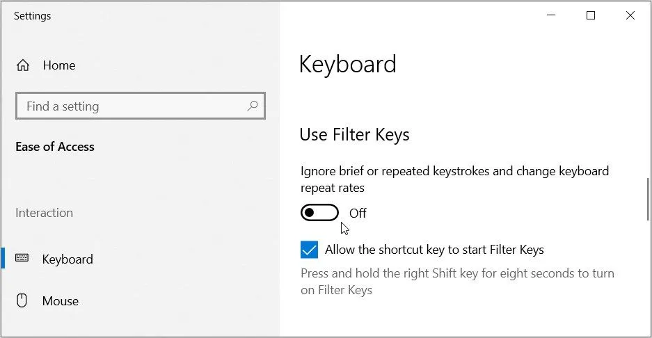 Nút chuyển đổi để tắt tính năng Filter Keys (Phím Lọc) trong cài đặt bàn phím Windows