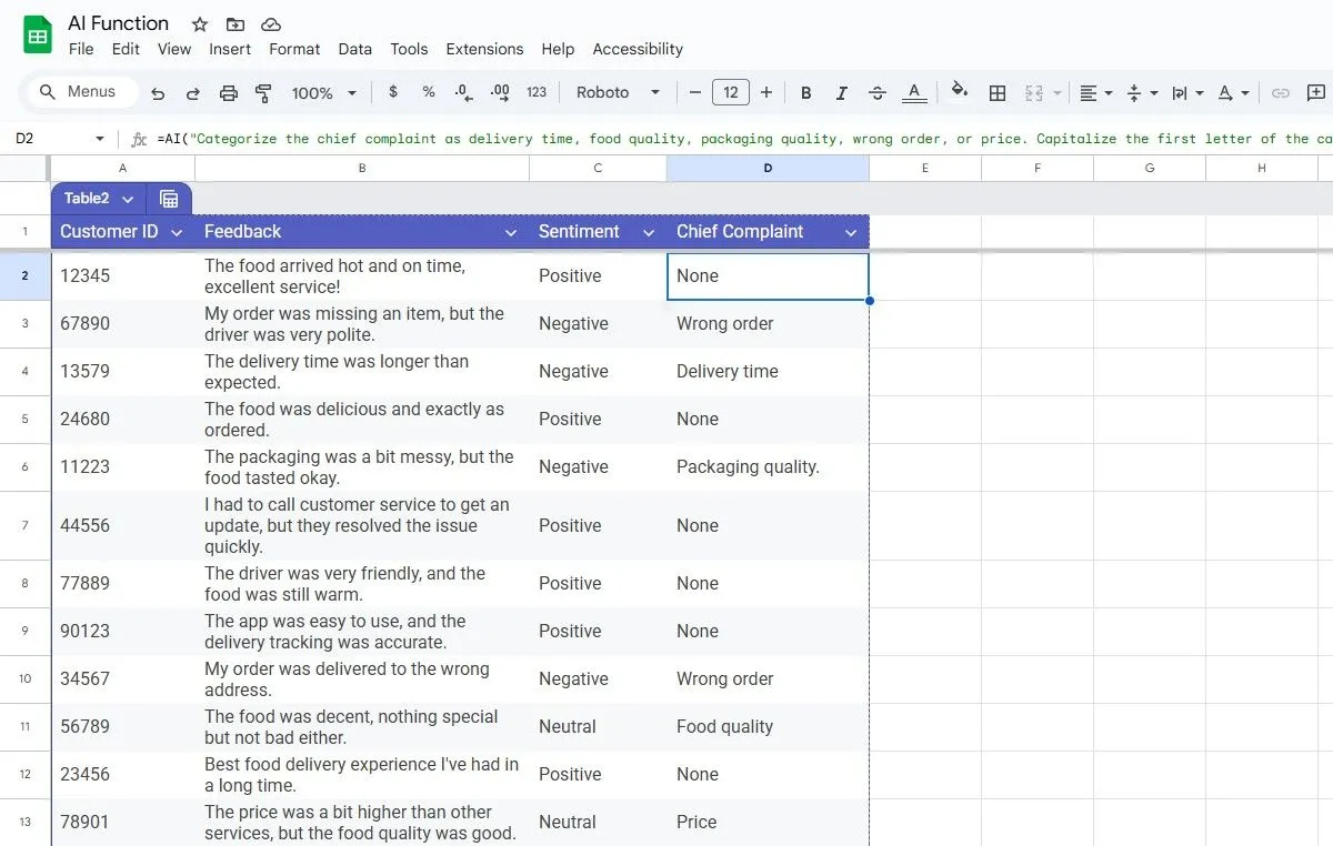 Phân loại khiếu nại khách hàng với hàm AI() xâu chuỗi trong Google Sheets
