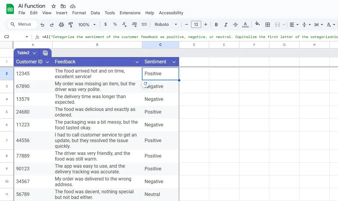 Phân tích cảm xúc phản hồi khách hàng bằng hàm AI() trong Google Sheets