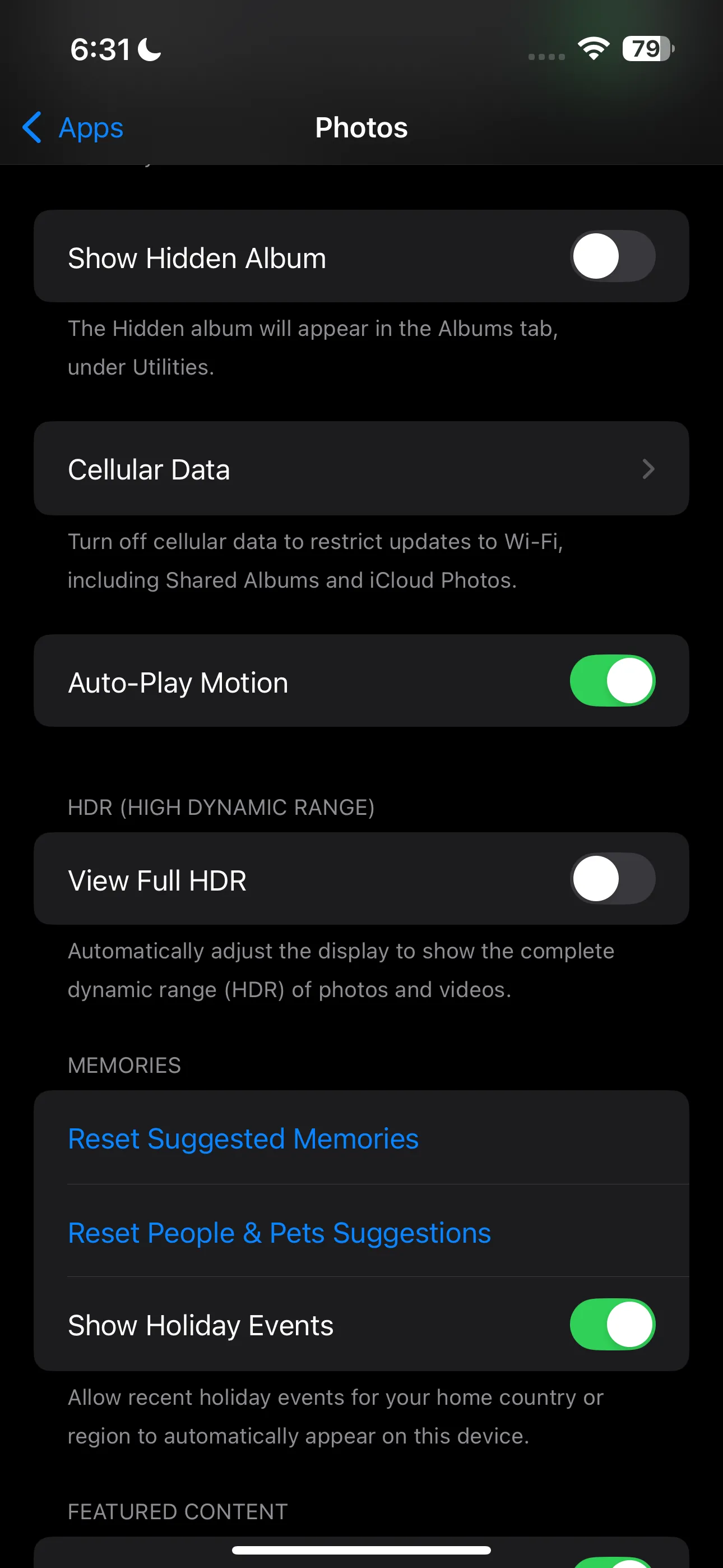 Phần ứng dụng Ảnh trong ứng dụng Cài đặt của iPhone