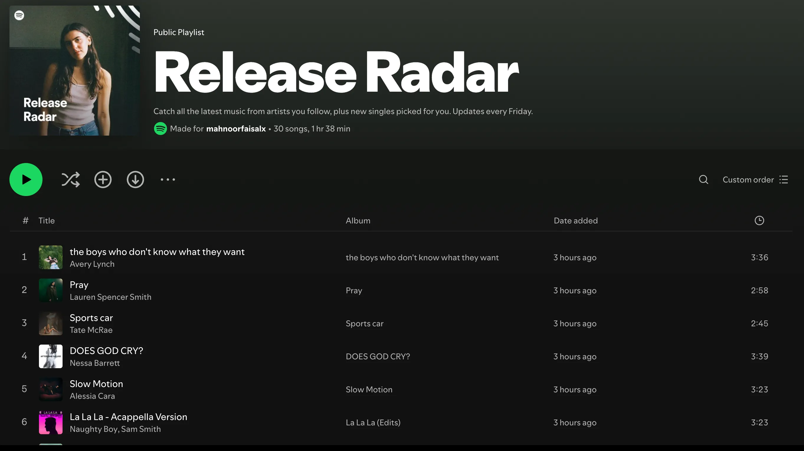 Playlist Release Radar trên giao diện ứng dụng Spotify, thể hiện khả năng khám phá nhạc mới trên Roku.