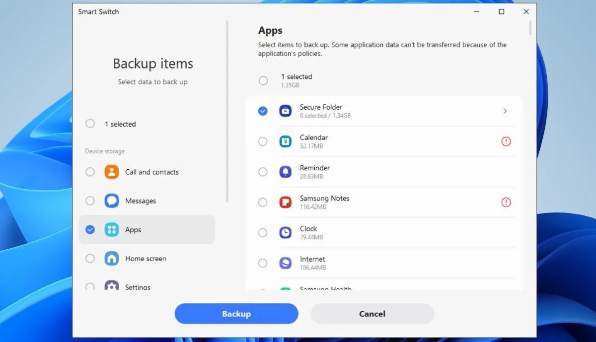 Quá trình sao lưu dữ liệu Thư mục Bảo mật Samsung bằng ứng dụng Smart Switch trên máy tính PC