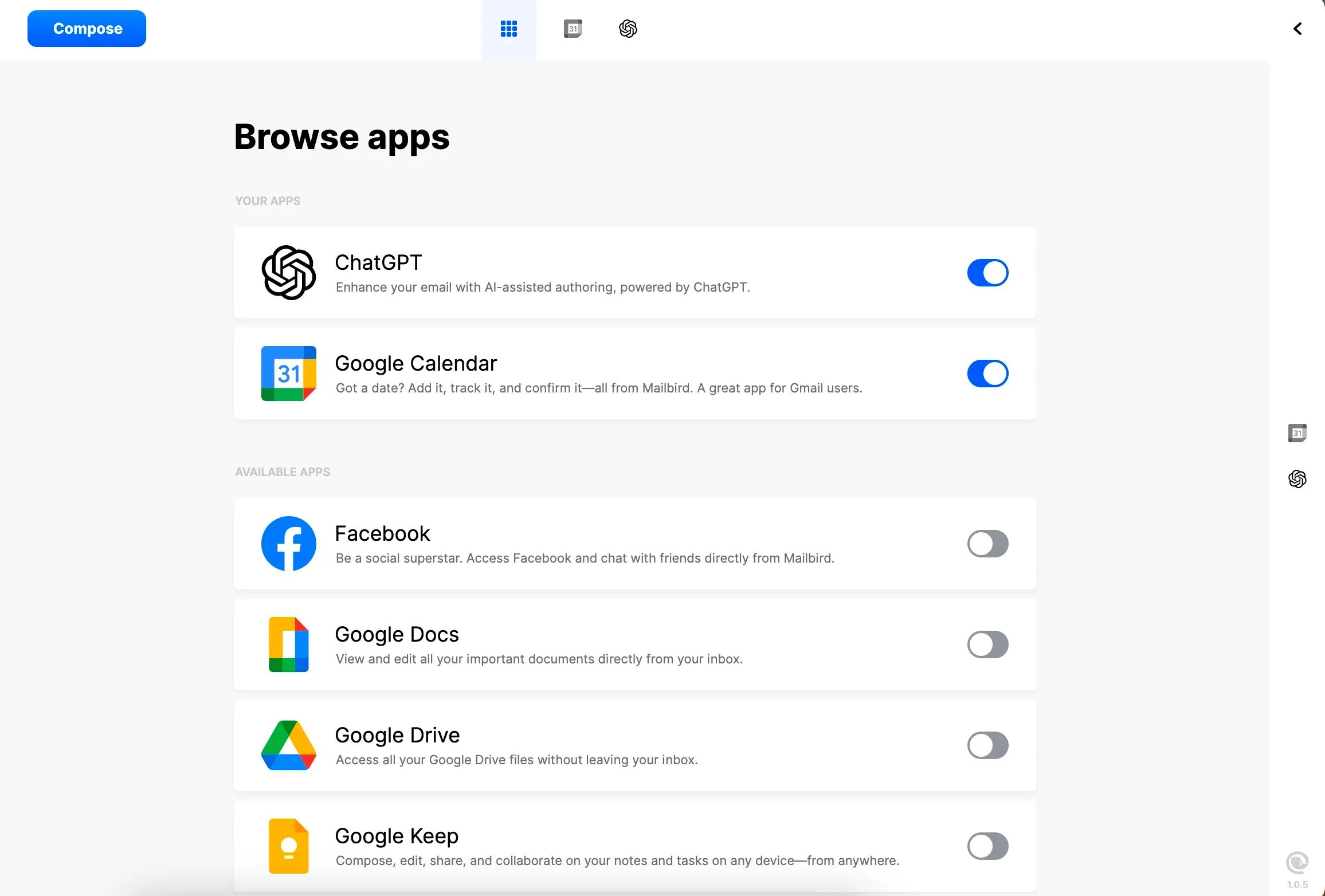 Quá trình tích hợp tài khoản Gmail với Mailbird thông qua tùy chọn duyệt ứng dụng