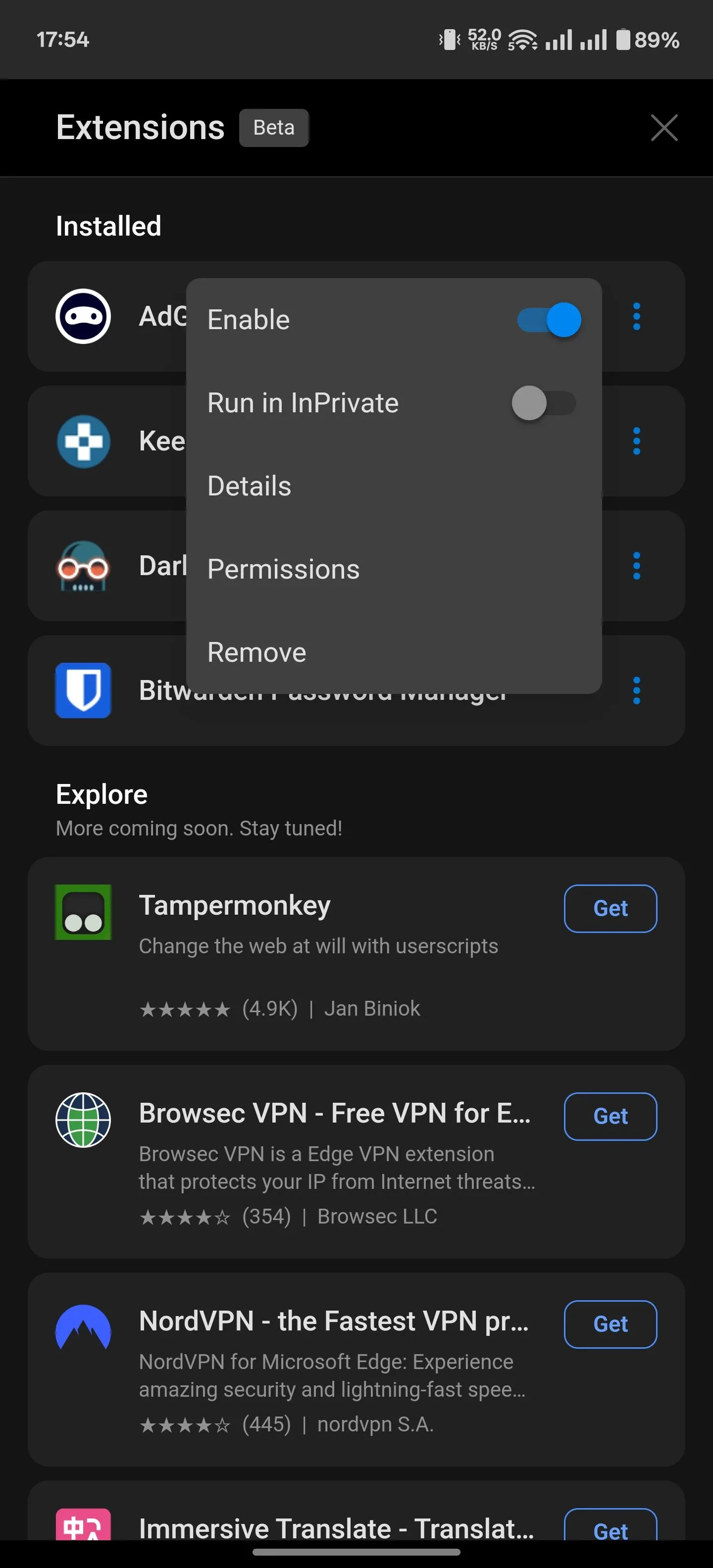 Quản lý các tiện ích mở rộng đã cài đặt trên Microsoft Edge Android, bao gồm tùy chọn vô hiệu hóa và gỡ bỏ