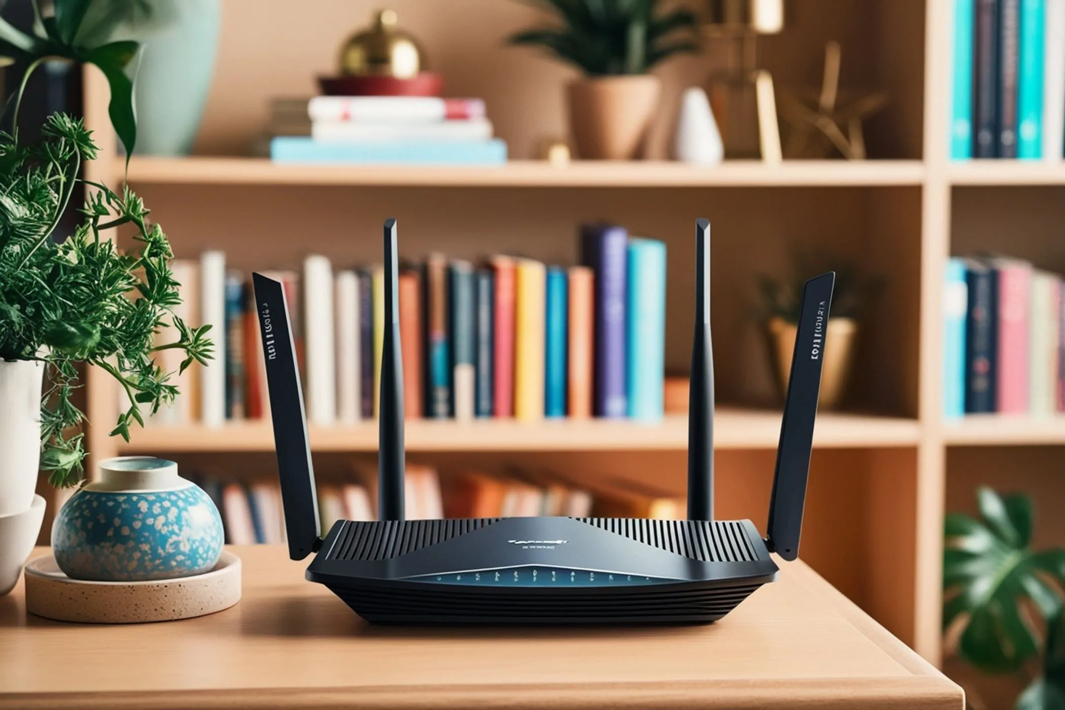 Router Wi-Fi hiện đại với bốn ăng-ten, biểu tượng của cài đặt bảo mật mạng gia đình.