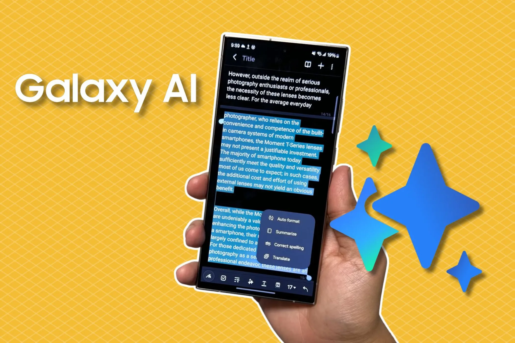 Samsung Galaxy S24 Ultra với biểu tượng Galaxy AI nổi bật trên nền vàng gradient, đại diện cho các tính năng AI mới trên dòng S25