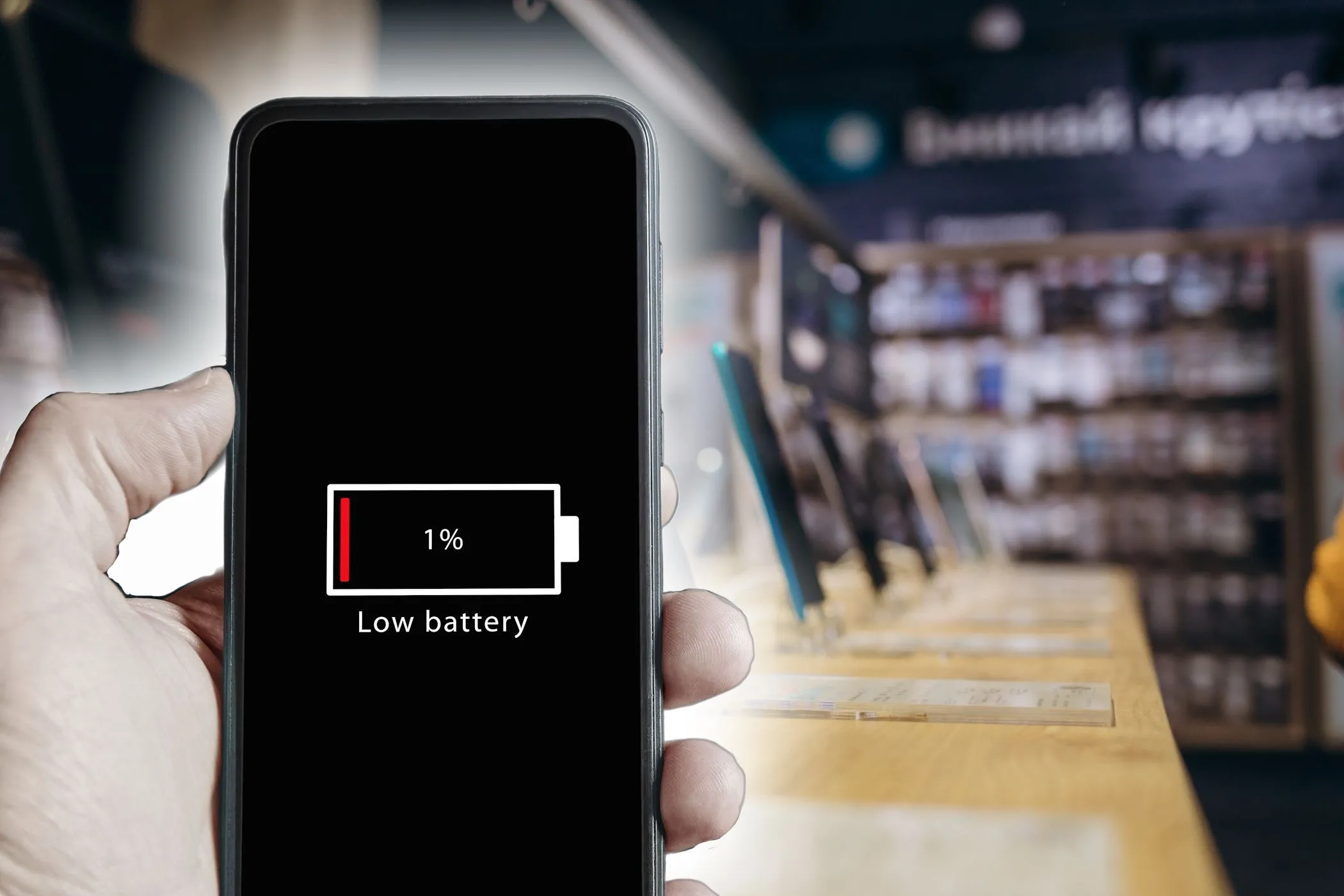 Smartphone hiển thị thông báo pin yếu trong cửa hàng, phản ánh nỗi lo lắng thường gặp của người dùng khi pin xuống thấp và cần sạc nhanh.