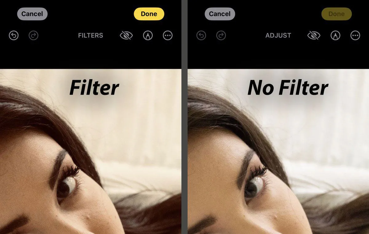 So sánh ảnh có filter và không filter, thể hiện sự khác biệt về màu sắc và chi tiết