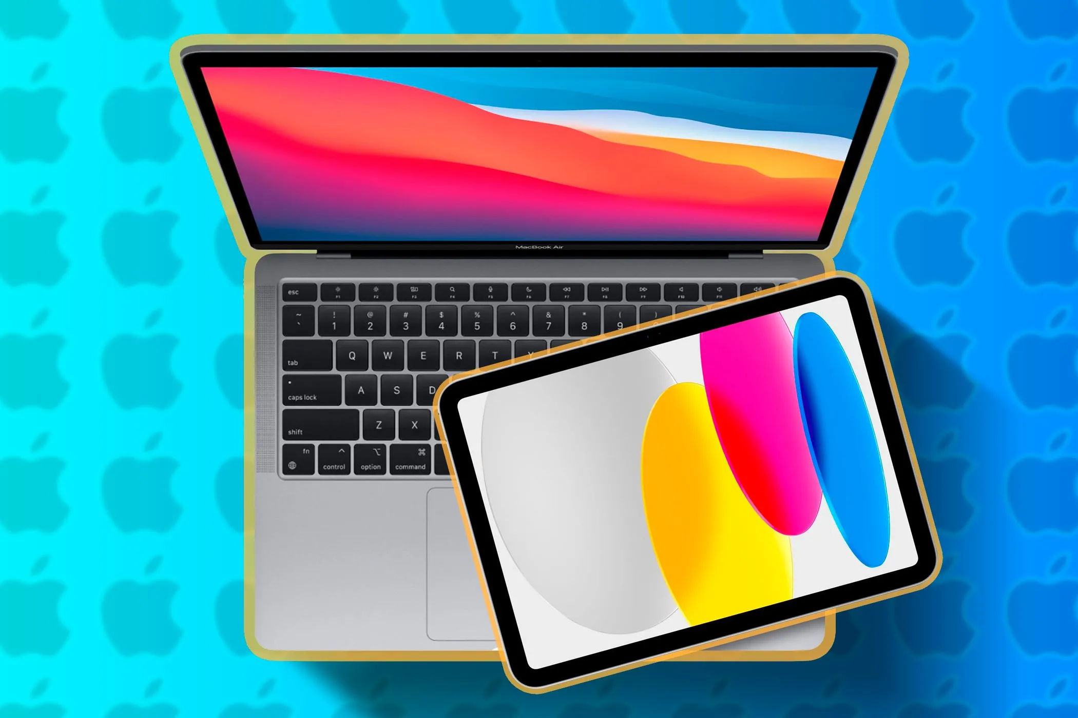 So sánh kích thước giữa MacBook và iPad đặt phía trên bàn phím
